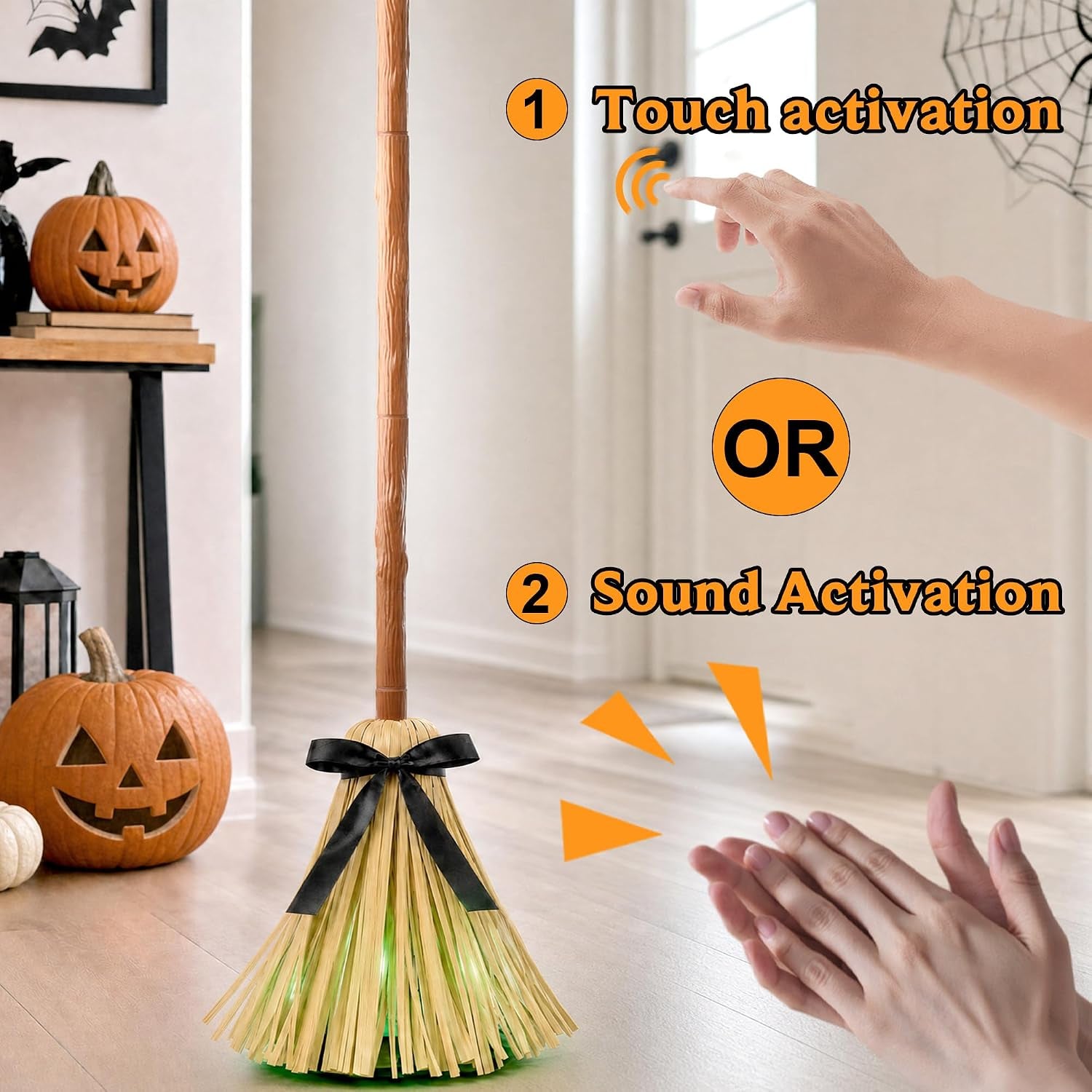 Halloween Decorations Indoor - 49" Animated Floating Lighted Witch Broom | Sound/Mute Mode - Dancing Magic Broom for Home Party Decorations
