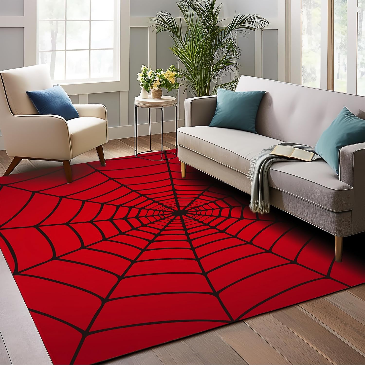 Red Spider Web Area Rug, 5X7 Indoor Area Rugs Washable Rugs for Living Room Carpet, Farmhouse Non Slip Carpet for for Bedroom Laundry Room Kitchen Non Slip Soft Low-Pile