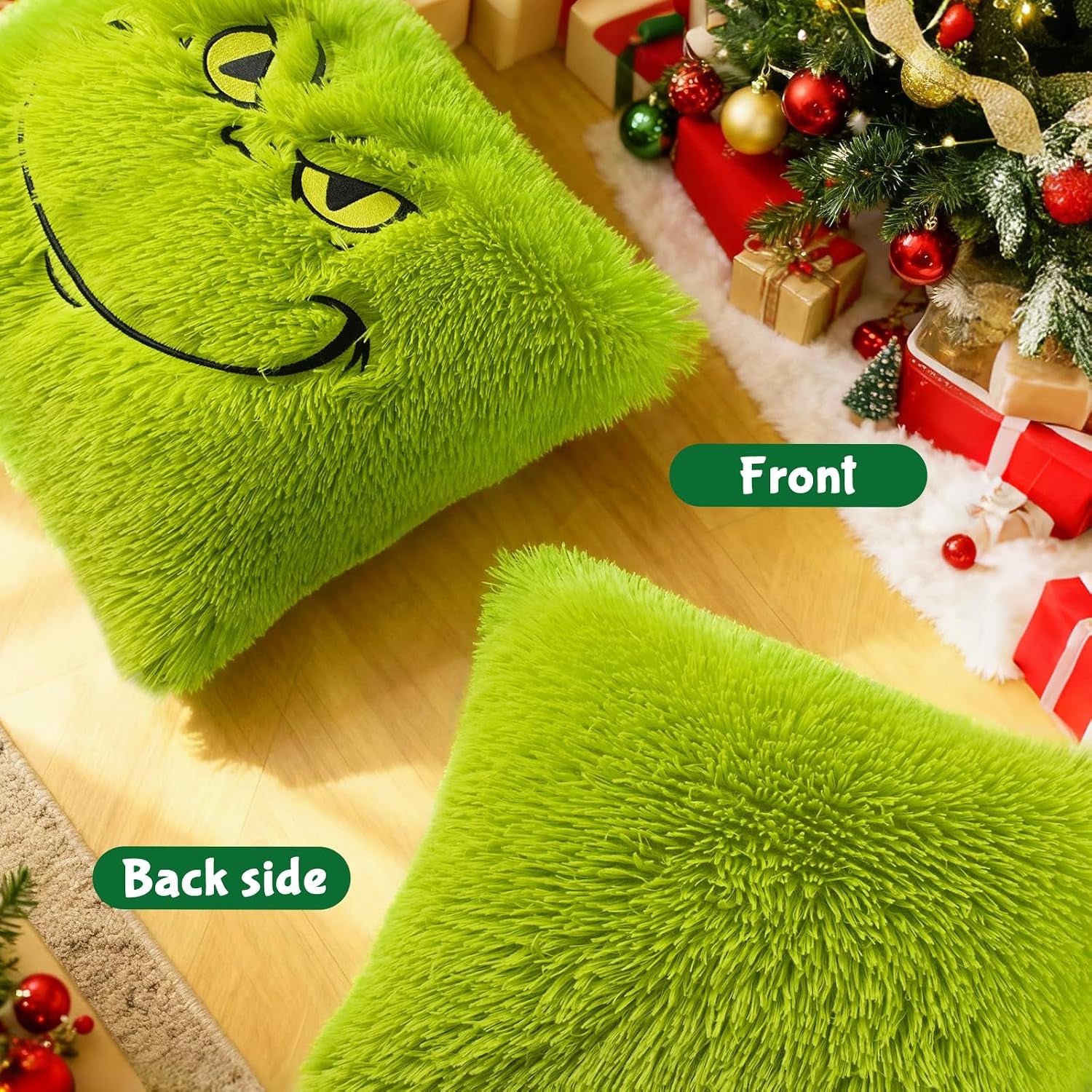 2PCS Chrismas Pillow Covers 18X18 Inch,Green Xmas Throw Pillow Cases,Chrismas Decor Soft Plush Faux Fur Wool Couch Cushion Case for Chair Sofa Bedroom Living Room