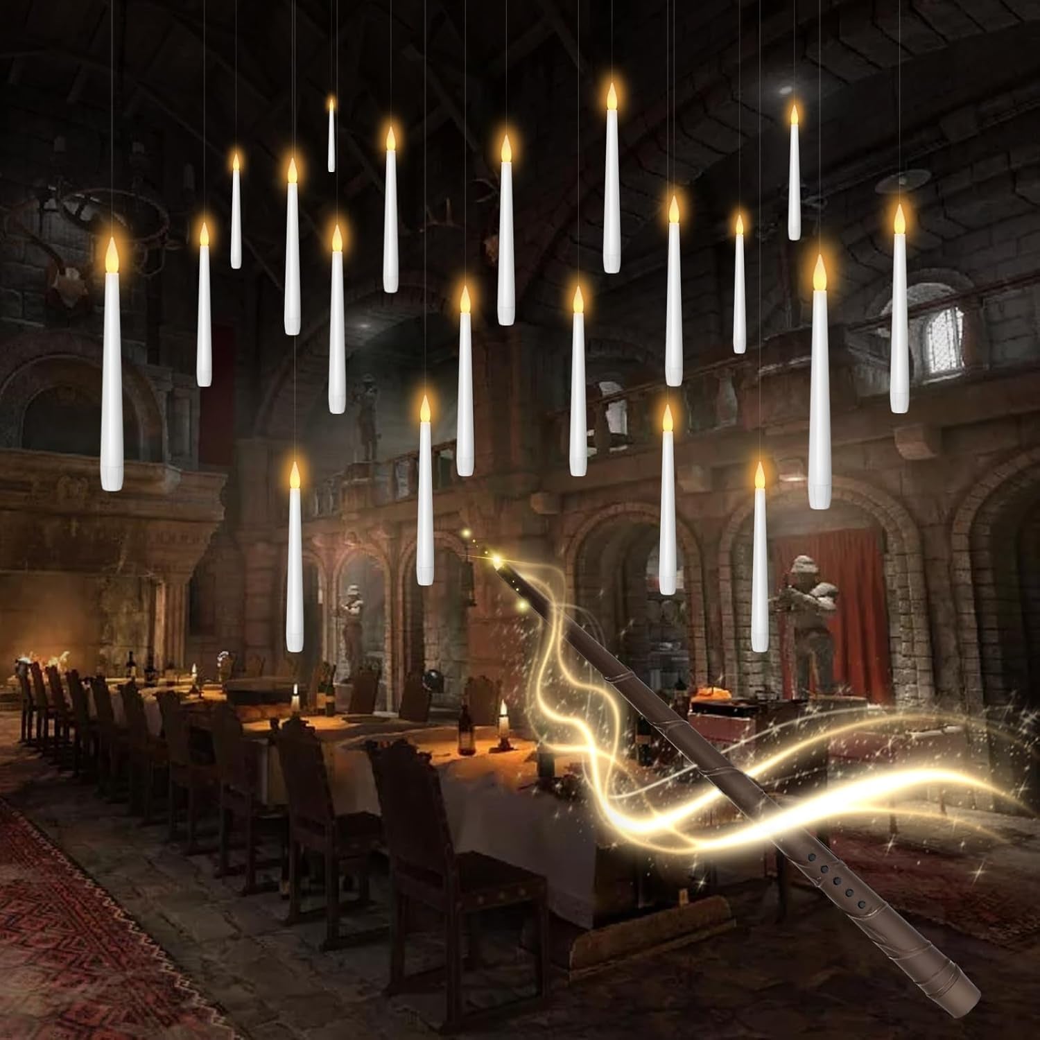 Flameless Floating Candles with Wand，12 Pcs Magic LED Hanging Taper Candles，Flickering Battery Operated Taper Candle with Wand Remote for Halloween Decorations Best Gift（Black）