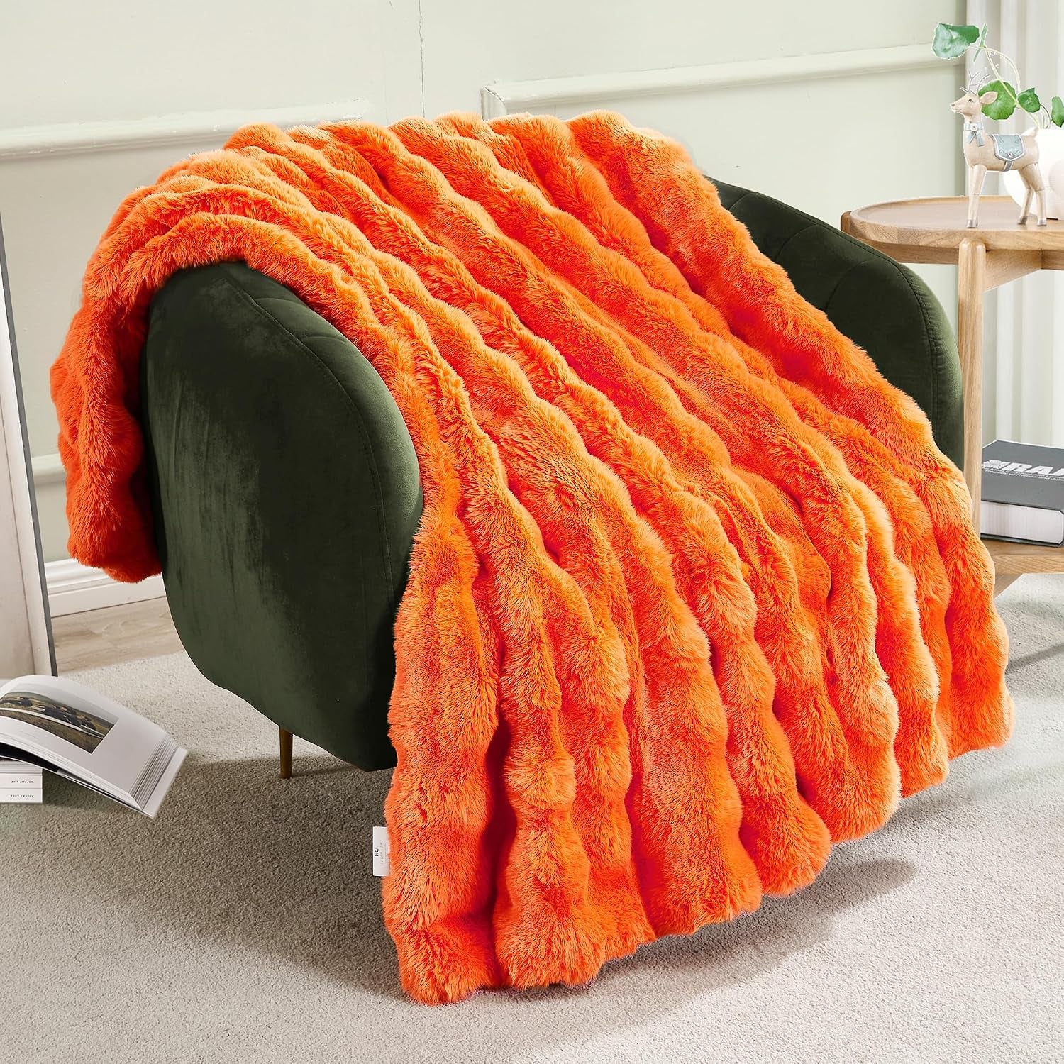 Solid Fall Bubble Faux Rabbit Fur Throw Blanket for Couch 50" X 60", Decorative Comfy Puffy Warm Fuzzy Blanket for Winter, Extra Thick Shaggy Cozy Comfy Fluffy Blankets for Adult Kids, Orange