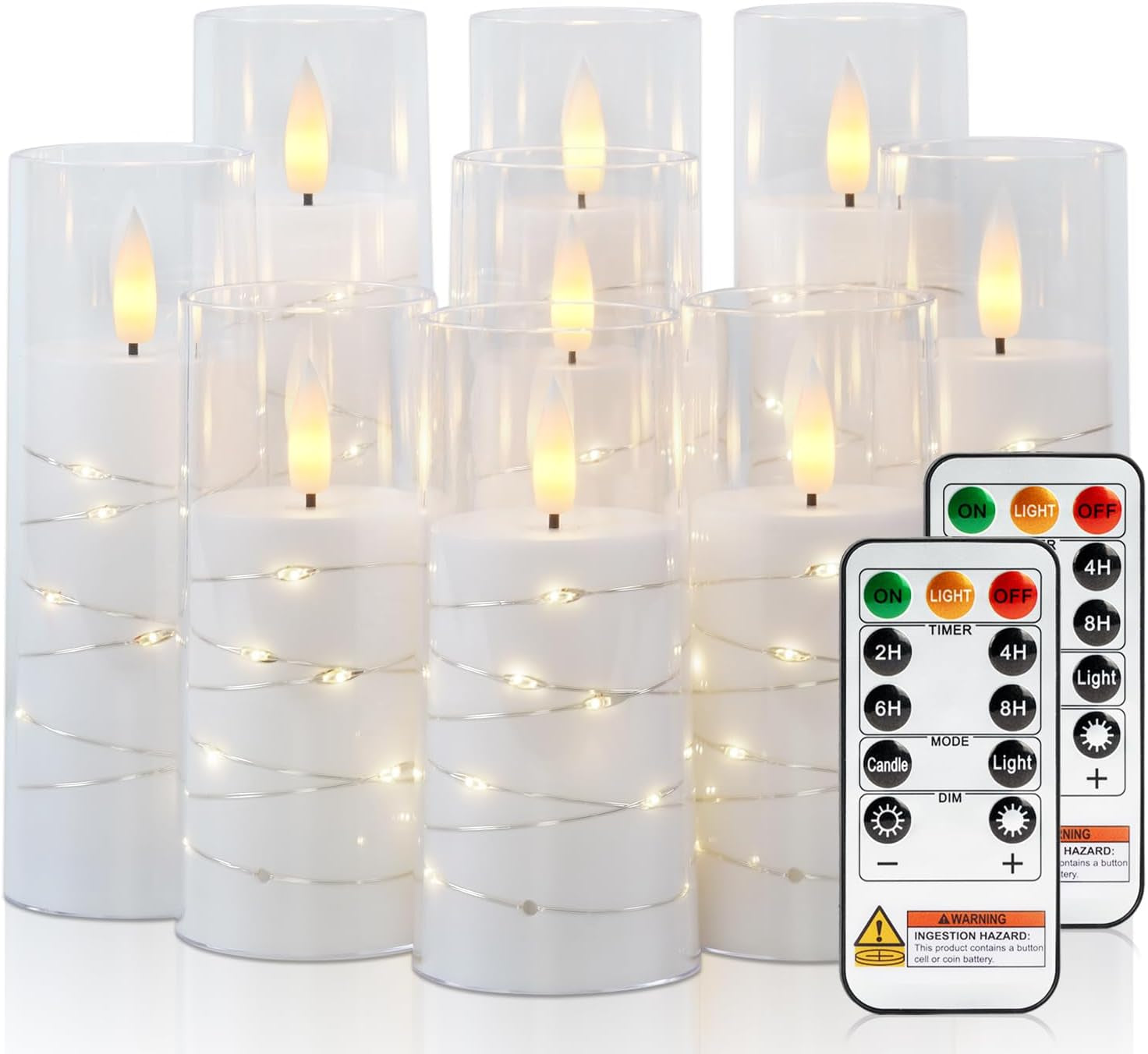 Flameless Candle with Remote Timer – 9 Flickering Acrylic Battery Operated LED Pillar Candles with Embedded Star String for Halloween, Home Decor, and as a Gift (Orange)