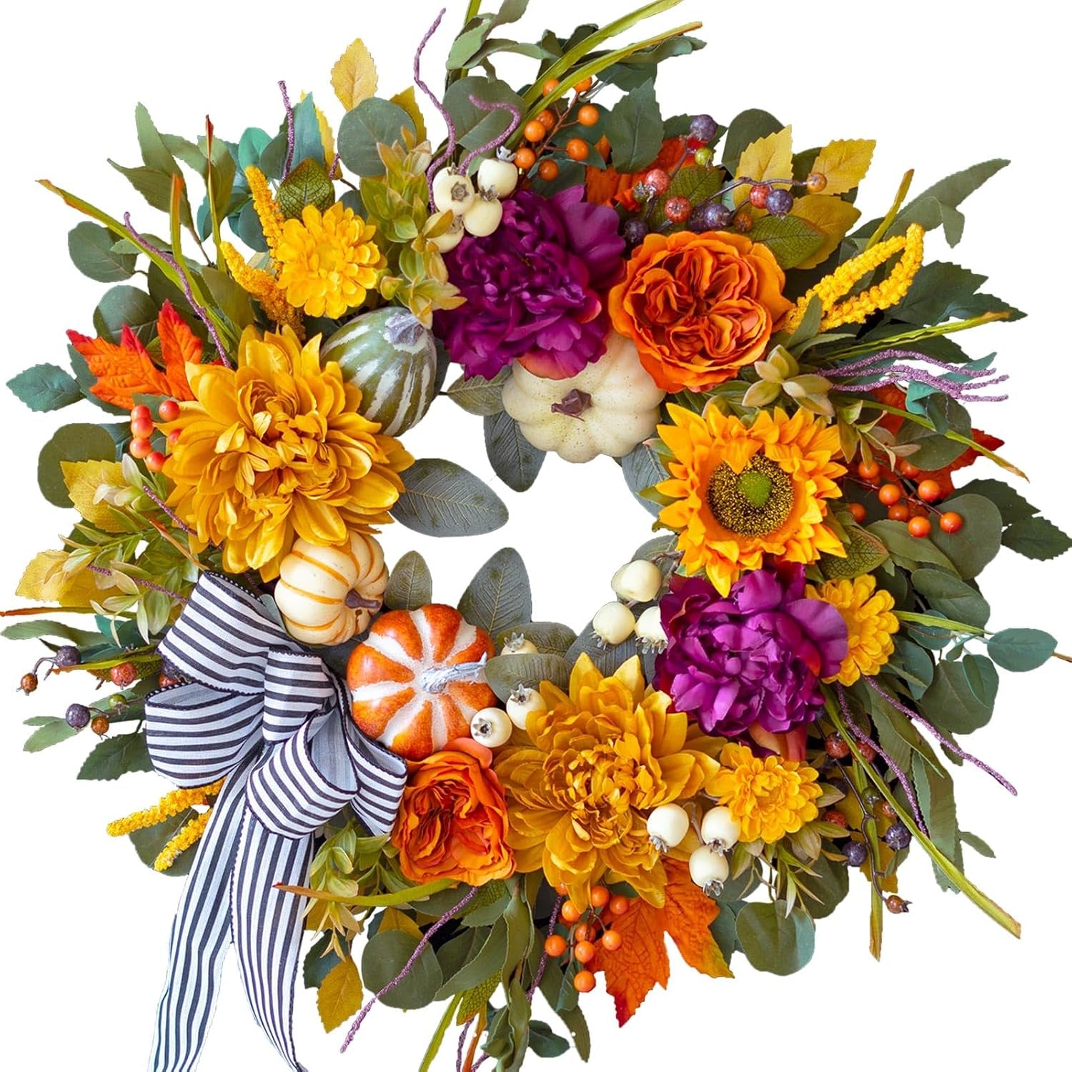 24 Inch Artificial Fall Wreaths for Front Door outside with Striped Bow | Harvest Autumn Wreath with Dahlias,Peony,Sunflowers,Pumpkins- Rustic Farmhouse Thanksgiving & Halloween Seasona Porch Decor
