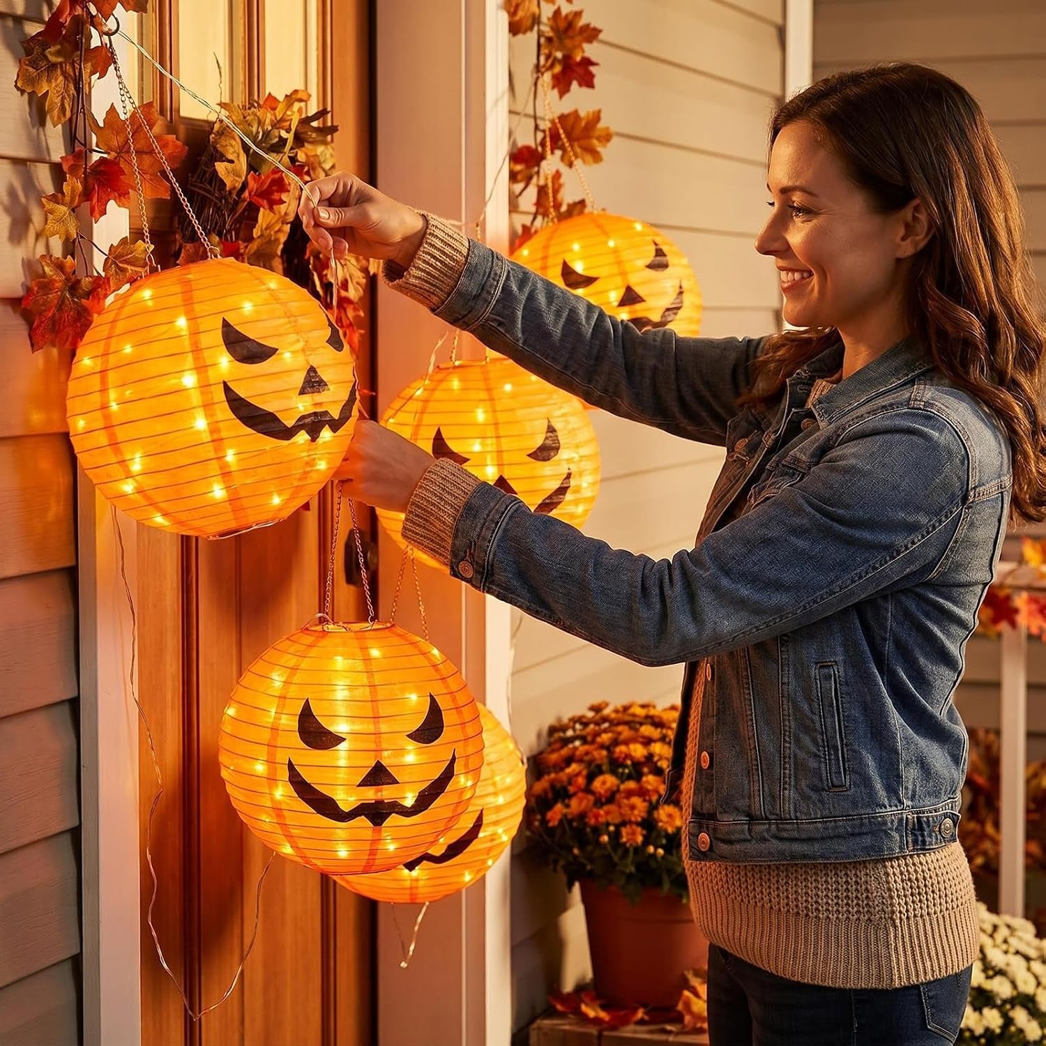 4Pcs Solar Pumpkin Lights Outdoor Hanging Halloween Decorations | 12-Inch Jack O Lantern, 160 Leds & 8 Modes, Waterproof Outdoor Halloween Lights for Yard Porch Trick-Or-Treat Party