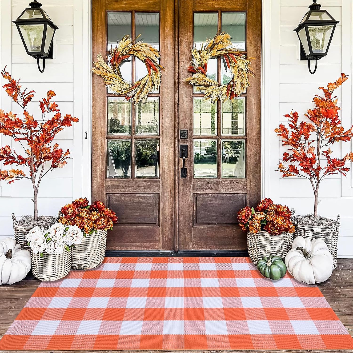 Orange and White Plaid Rug, 3' X 5' Fall Front Door Decor Mat, Cotton Washable Hand-Woven Door Mat for Layered Doormat, Autumn Halloween Thanksgiving Carpet for Porch, Entryway