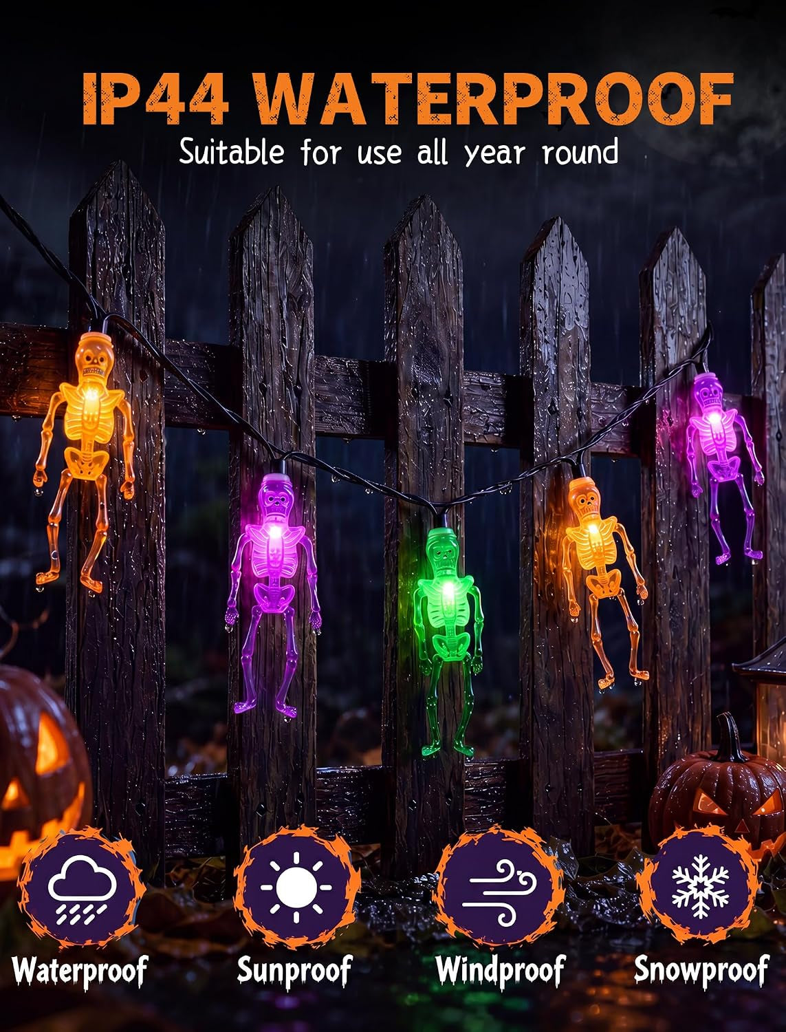 8.5FT 10 LED Outdoor Halloween Skeleton String Lights Plug In, Waterproof | Connectable, Hanging Multicolor Halloween Skull Lights UL Listed for Indoor Backyard, Patio, Porch, Party Decor, Black Wire