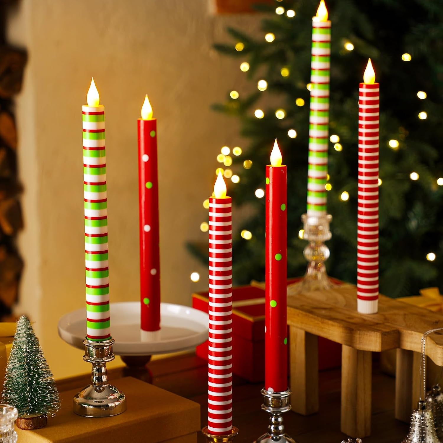 6 Pcs Christmas Flameless Taper Candles 10.6 Inch Elf Theme Candles Battery Operated LED Christmas Candlesticks for Xmas Centerpiece Holiday Party Decor