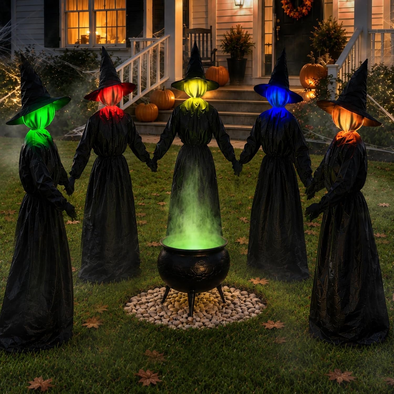 Halloween Decorations Outdoor, 5 Pack 4.3 FT Light up Holding Hands Witches | Witch Decor with Color Changing Glowing Face, Halloween Witch Decor with Stake for Yard Lawn Garden Porch Haunted House Decor