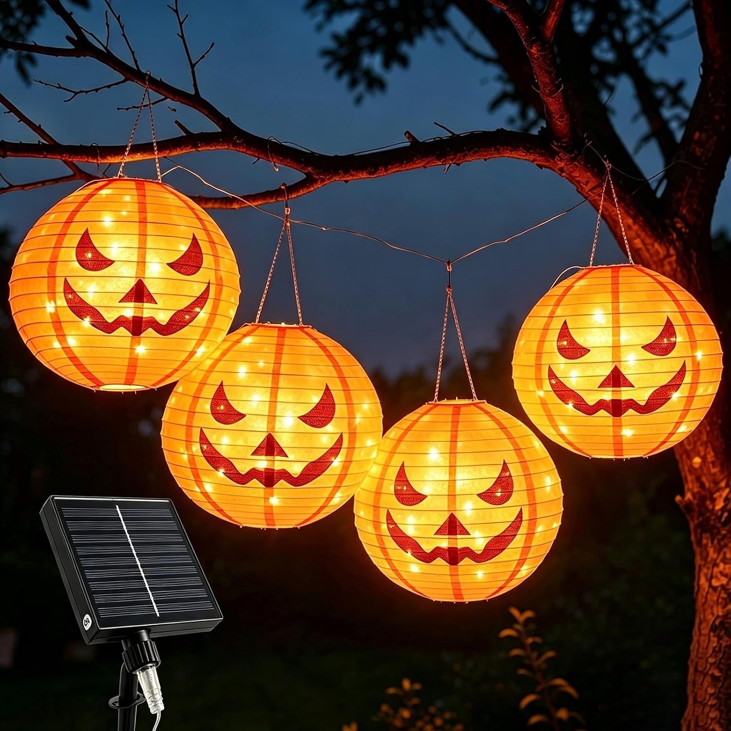 4Pcs Solar Pumpkin Lights Outdoor Hanging Halloween Decorations | 12-Inch Jack O Lantern, 160 Leds & 8 Modes, Waterproof Outdoor Halloween Lights for Yard Porch Trick-Or-Treat Party