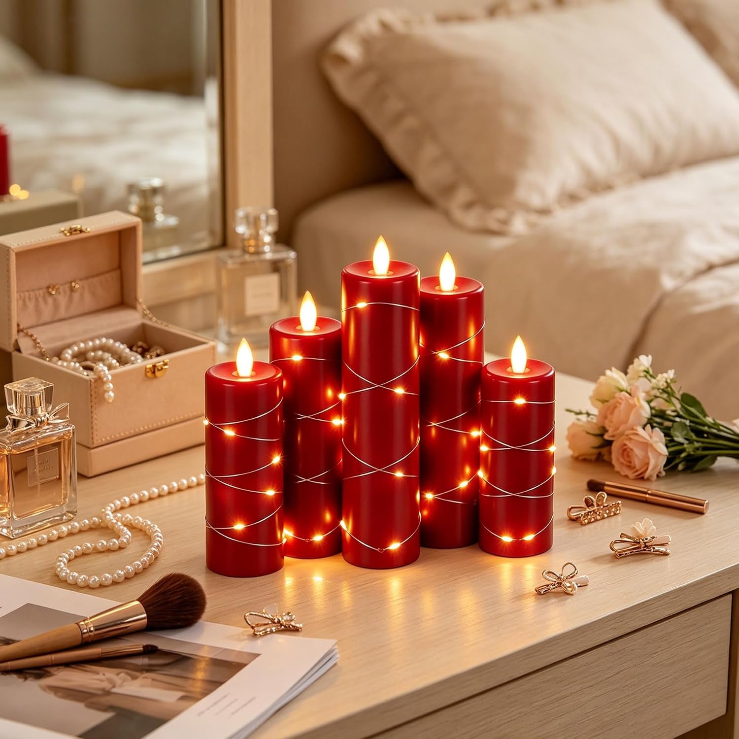 5 Pack Red Real Wax Flameless Taper Candles, Lifelike Flickering LED Candles with Copper String Lights, Battery Operated Candles with Remote for Holiday Wedding Home Decor