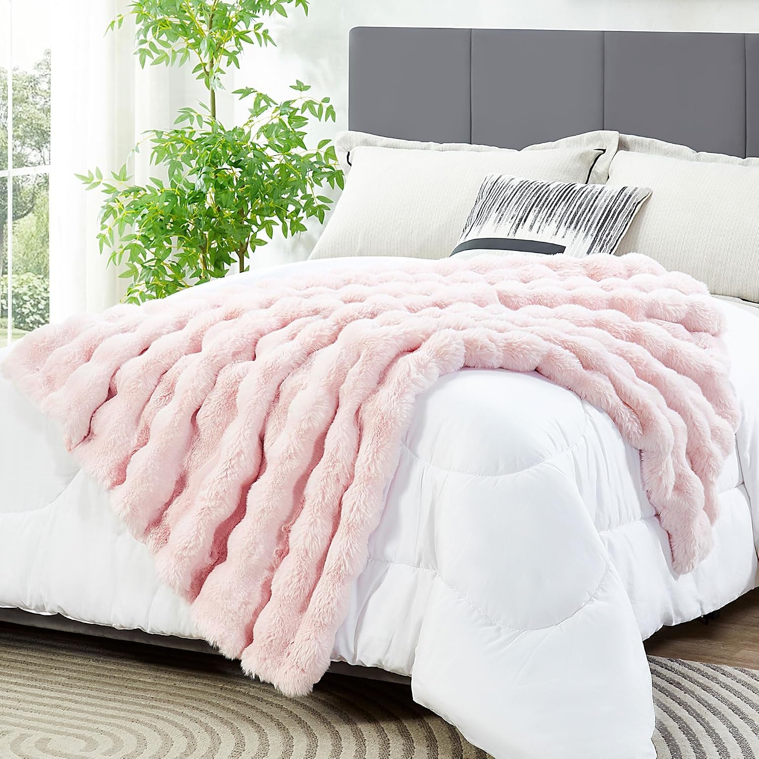 Solid Fall Bubble Faux Rabbit Fur Throw Blanket for Couch 50" X 60", Decorative Comfy Puffy Warm Fuzzy Blanket for Winter, Extra Thick Shaggy Cozy Comfy Fluffy Blankets for Adult Kids, Orange