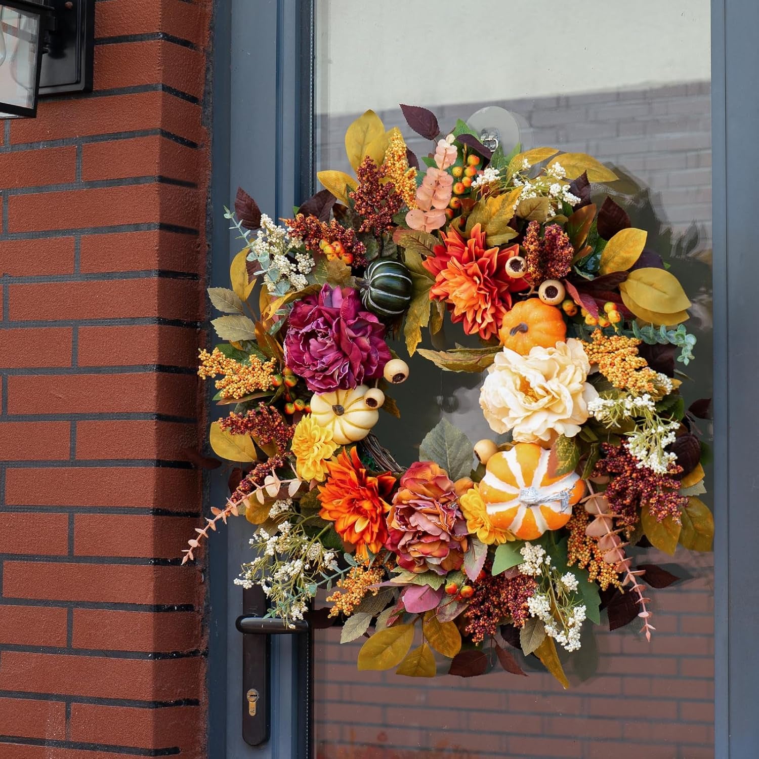 Fall Wreaths for Front Door outside 24 Inch,Rustic Harvest Autumn Wreath | Fall Door Wreath with Pumpkins,Peony,Dahlia,Artificial Silk Autumn Wreath for Indoor & Outdoor Farmhouse Thanksgiving Decor