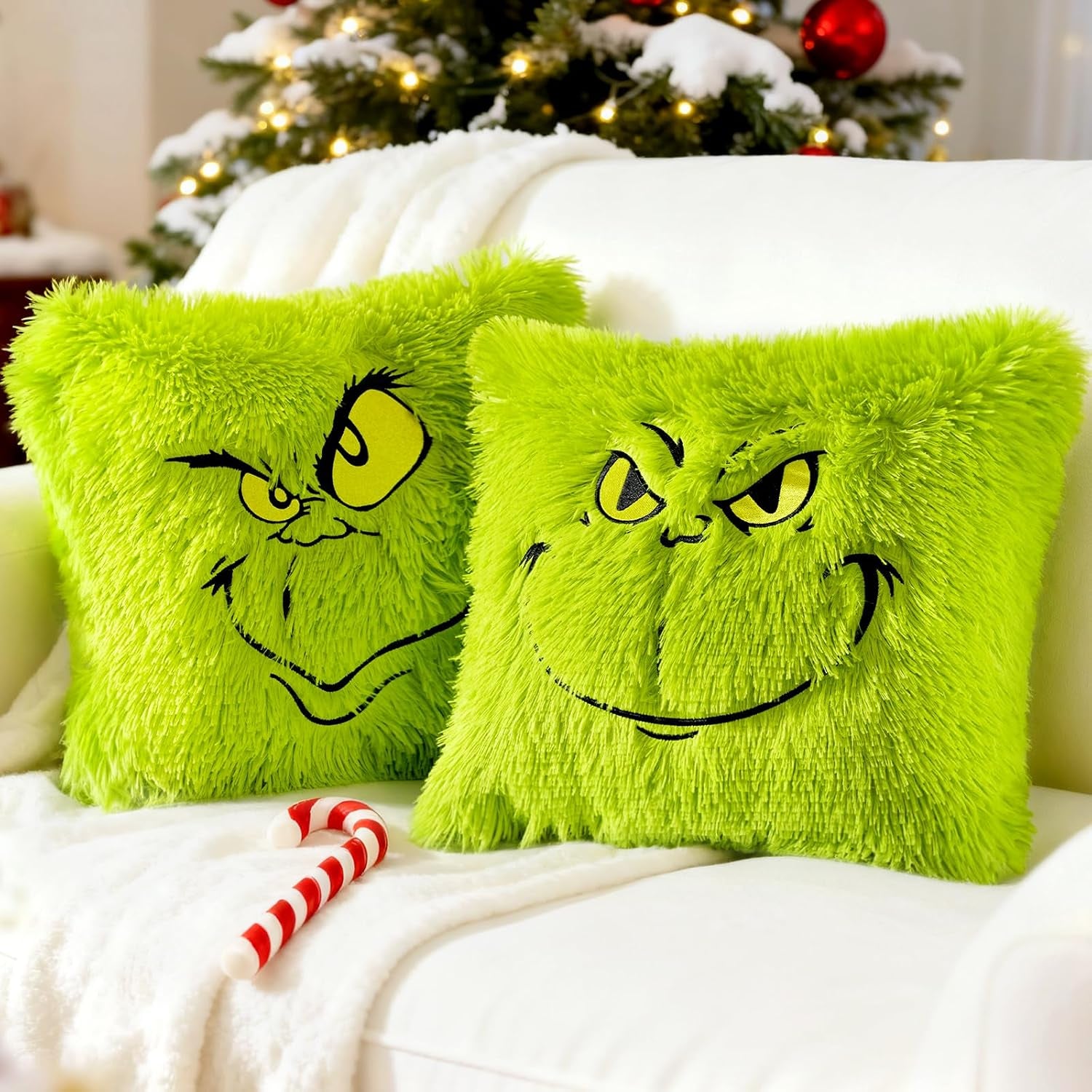 2PCS Chrismas Pillow Covers 18X18 Inch,Green Xmas Throw Pillow Cases,Chrismas Decor Soft Plush Faux Fur Wool Couch Cushion Case for Chair Sofa Bedroom Living Room