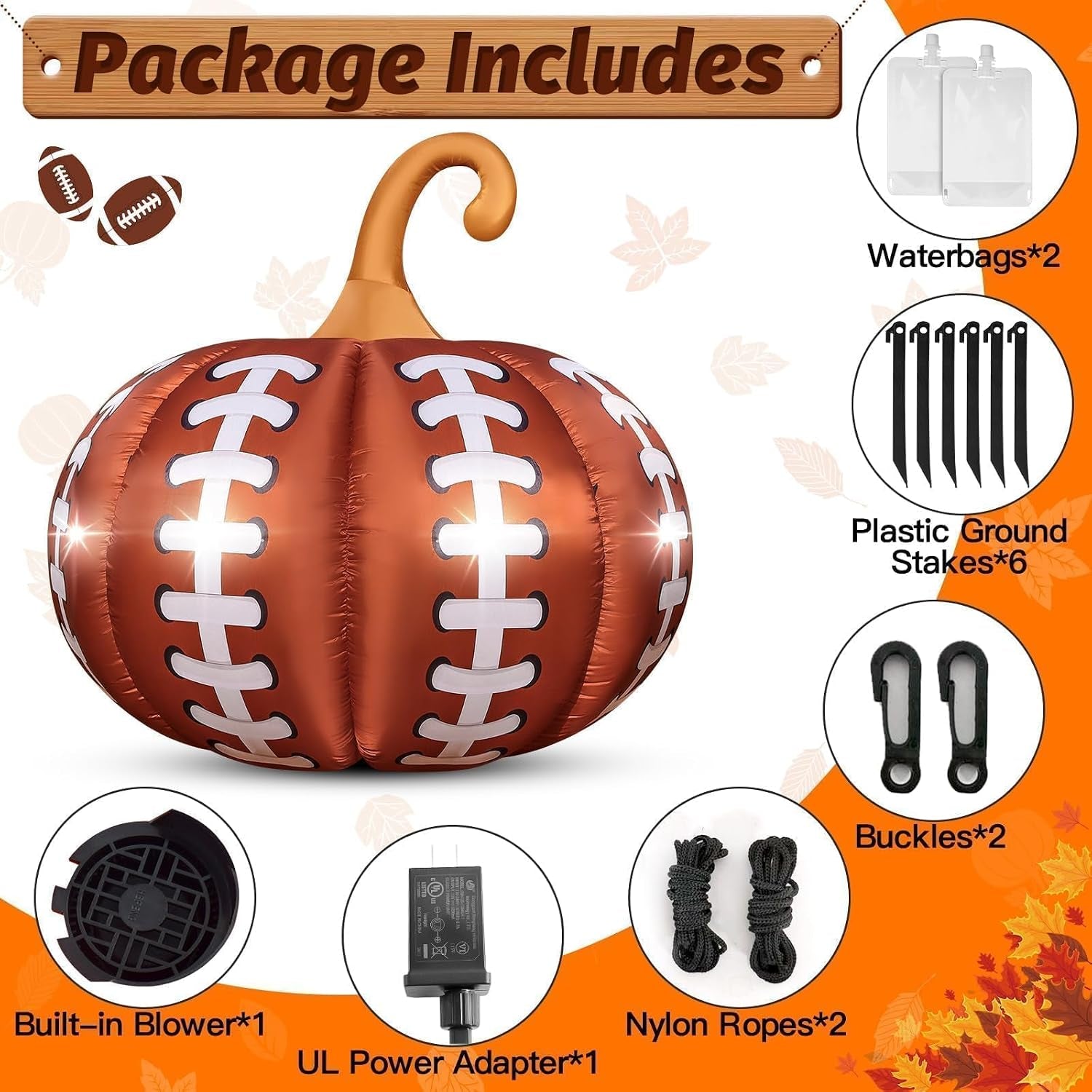 4.6FT Inflatable Pumpkin Outdoor Decorations Football Inflatables Pumpkins Built-In 4 LED Lights Fall Giant Blow up Pumpkin for Halloween Decor Football Sport Fans Party Garden Yard Lawn