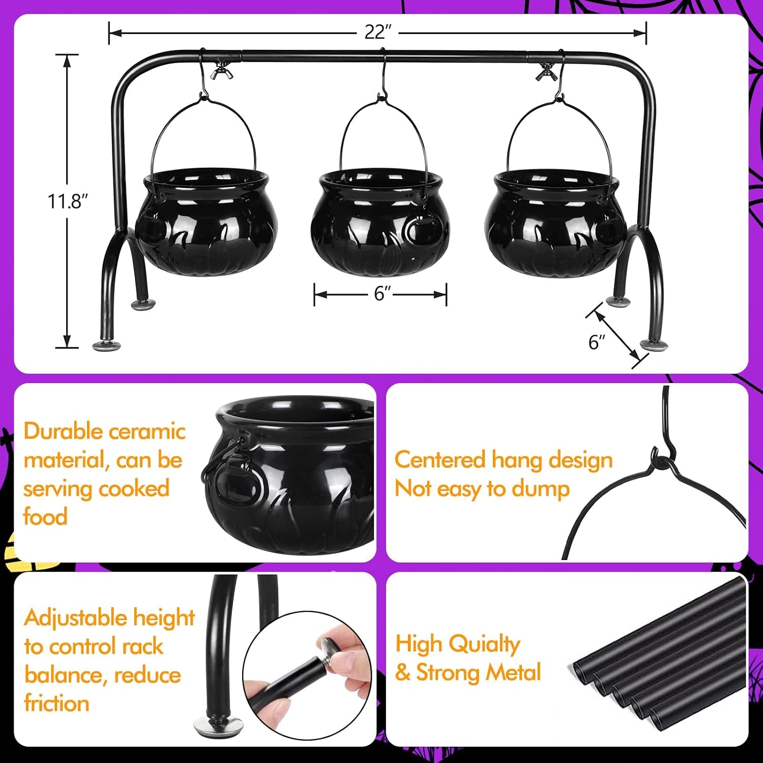 Halloween Party Decorations, 3 Ceramic Witches Cauldron Serving Bowls Set | Halloween Decorations Hocus Pocus Witch Decor Bowl Serving Cauldron for Party Supplies Home Kitchen Outdoor Indoor Decoration
