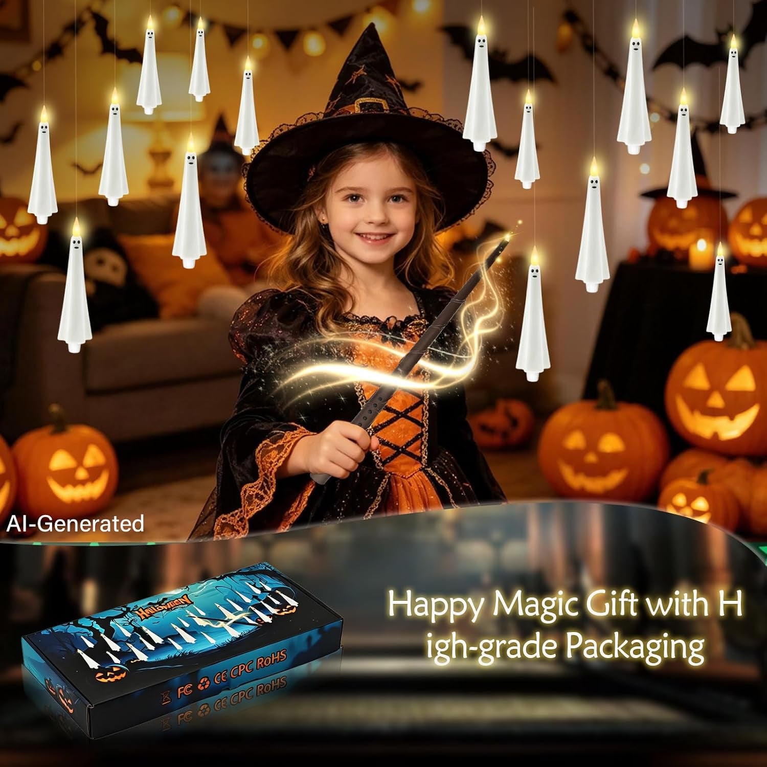 Ghost Flameless Floating Candles with Wand Remote, 12 Pcs Magic Flickering Battery Operated LED Hanging Taper Candles for Halloween Party Decoration(White)