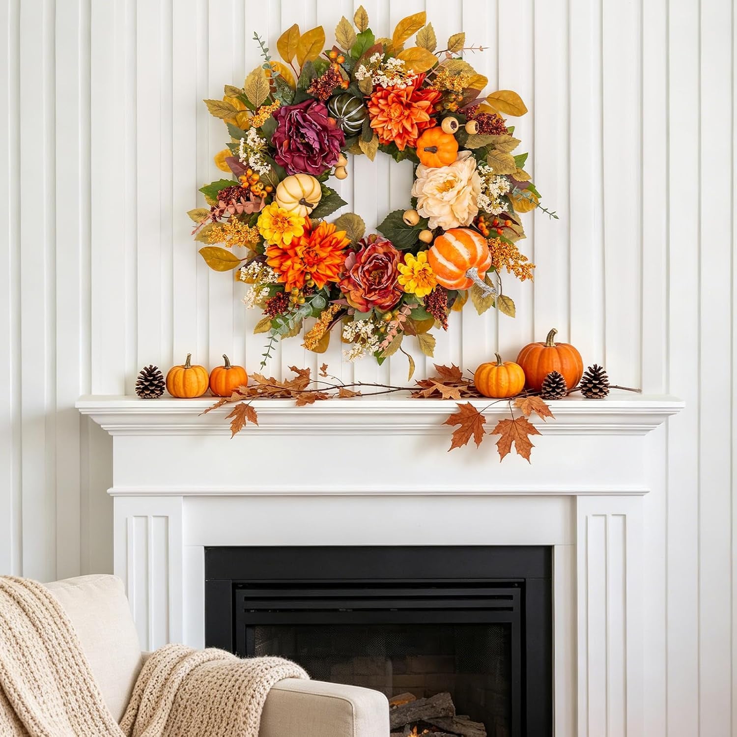 Fall Wreaths for Front Door outside 24 Inch,Rustic Harvest Autumn Wreath | Fall Door Wreath with Pumpkins,Peony,Dahlia,Artificial Silk Autumn Wreath for Indoor & Outdoor Farmhouse Thanksgiving Decor