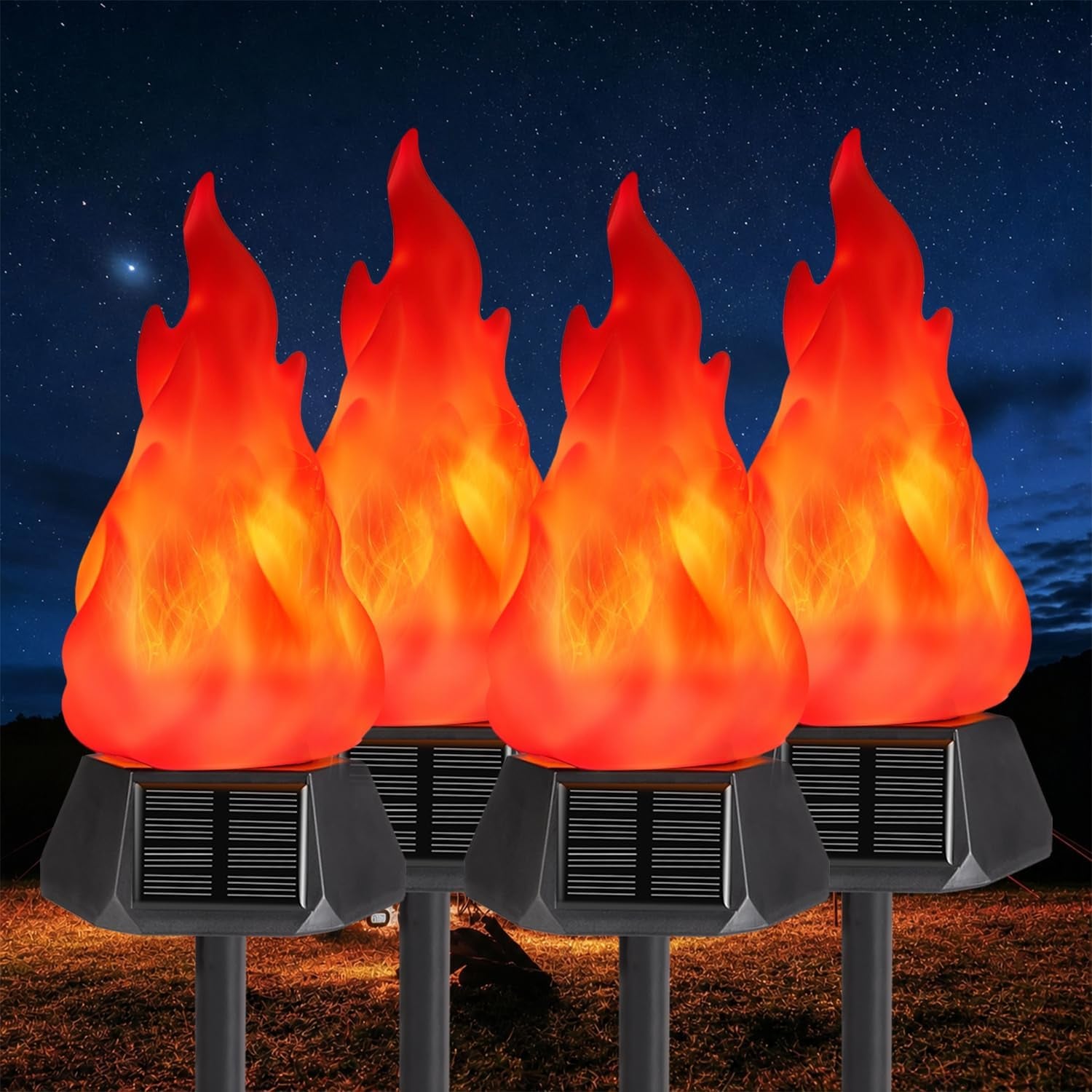 Solar Outdoor Torch Lights with Flickering Flame, 4 Pack Solar Pathway Decorative Lights, Waterproof LED Flame Torches for Outdoor Camping Garden Landscape Patio Path Yard Decorations - Purple