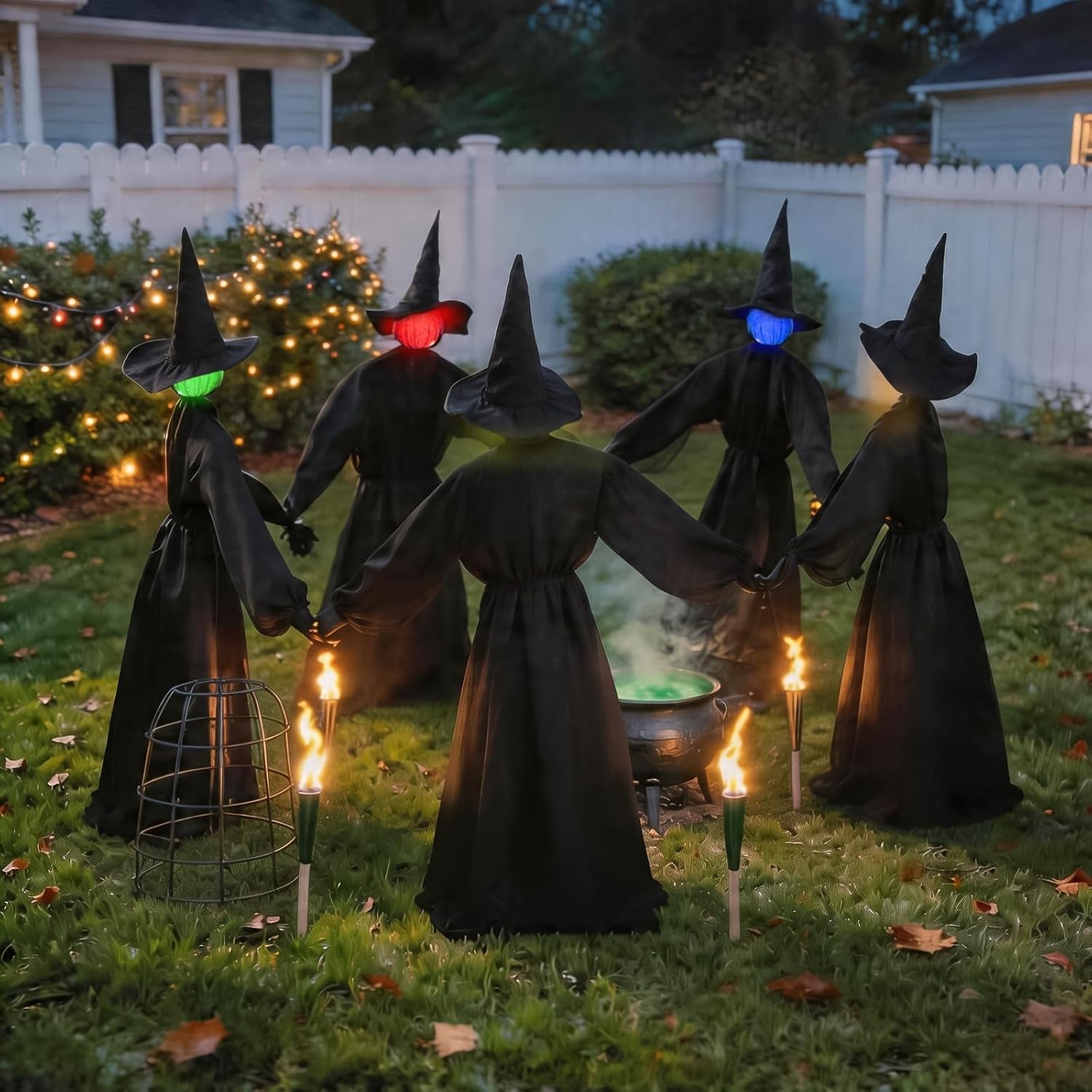Halloween Decorations Outdoor, 5 Pack 4.3 FT Light up Holding Hands Witches | Witch Decor with Color Changing Glowing Face, Halloween Witch Decor with Stake for Yard Lawn Garden Porch Haunted House Decor
