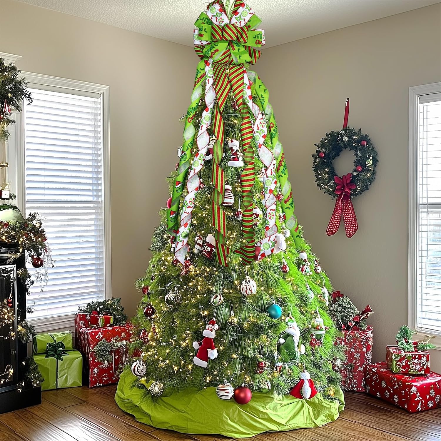 Large Christmas Tree Topper Bow 52X13 Inch, Pre-Tied Wired Wreath Ribbon | Big Festive Xmas Bow Ornaments with Long Streamers for Holiday Indoor Outdoor Home Party Decoration (Green)