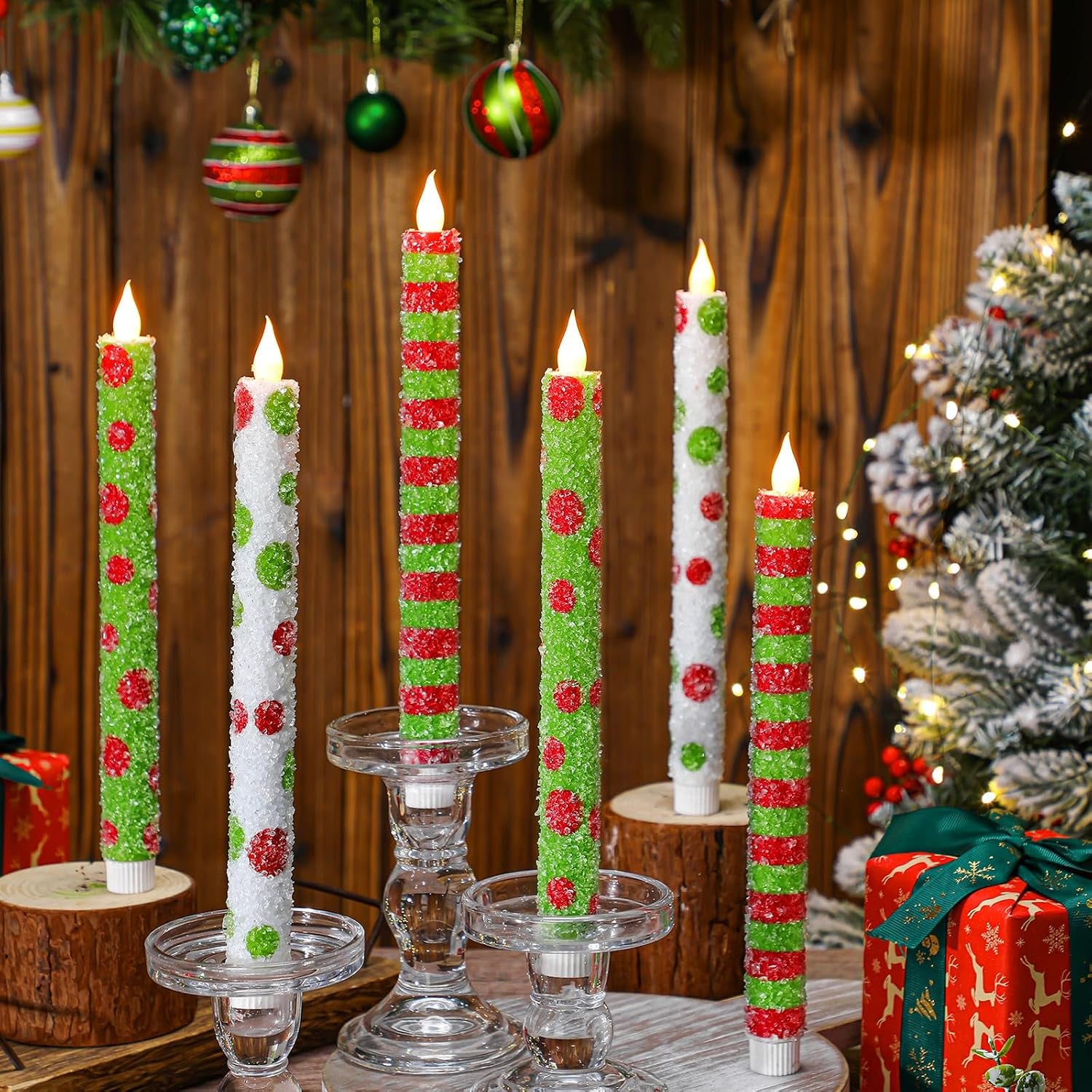 6 Pcs Christmas Flameless Taper Candles 10.6 Inch Elf Theme Candles Battery Operated LED Christmas Candlesticks for Xmas Centerpiece Holiday Party Decor