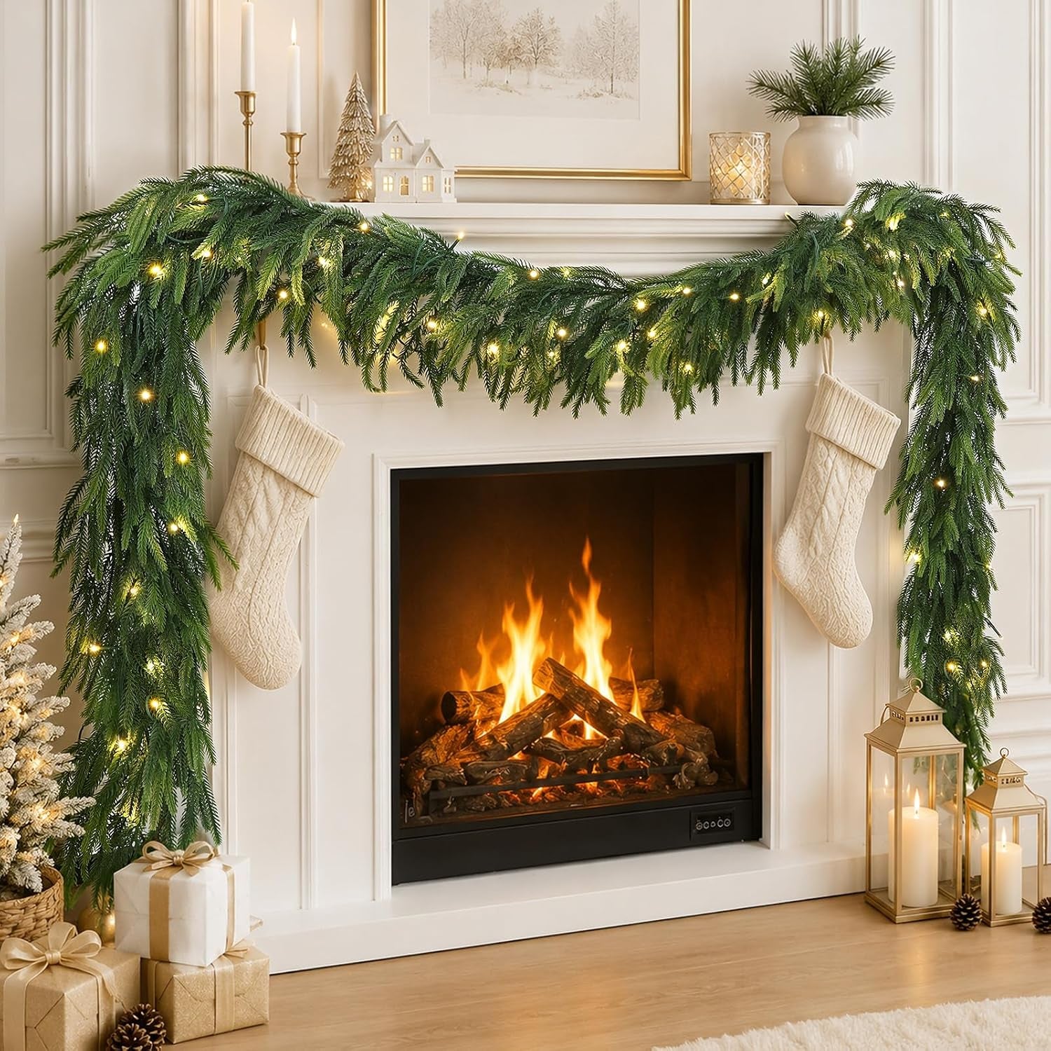9FT Christmas Norfolk Pine Pre-Lit Garland with 70 LED Lights Real Touch Prelit Garland Christmas Greenery Garlands for Table Mantle Fireplace Stairs Indoor Outdoor Xmas Decorations