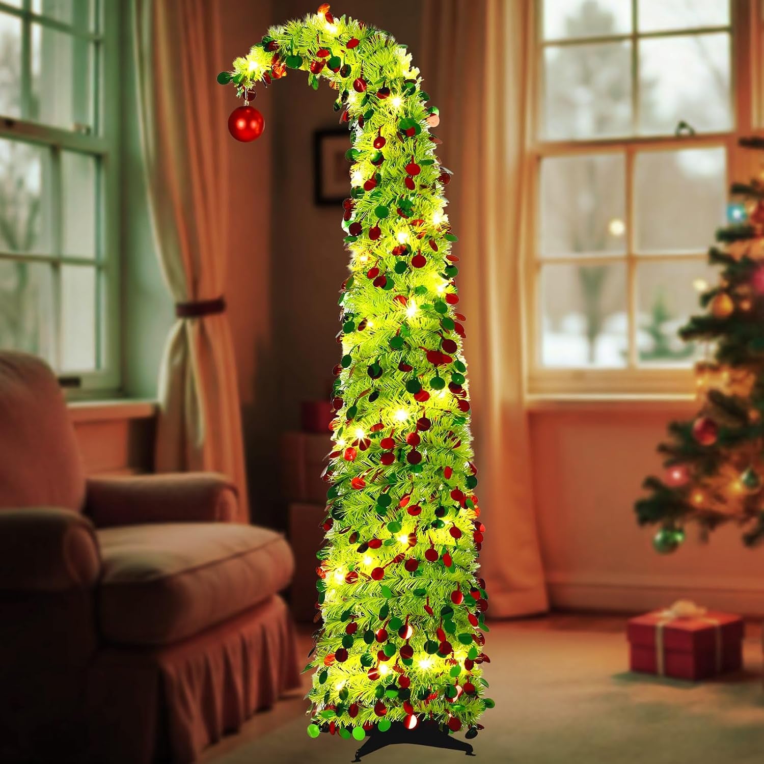 5 Ft Christmas Whimsical Pop up Curved Tree with 50 LED Light String Decorations Curved Plastic Tree Lime Green Purple Tinsel for Xmas Home, Apartment, Office(Green)