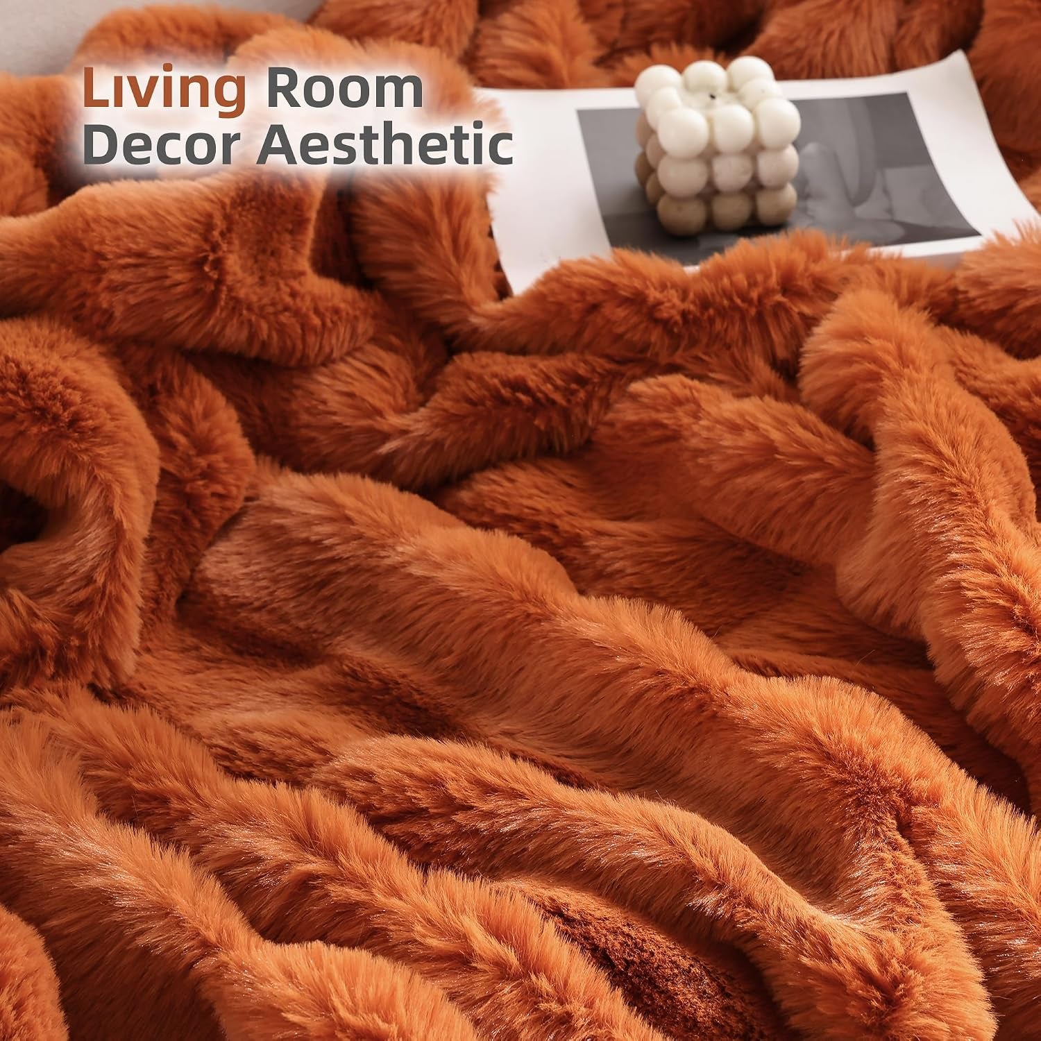 Faux Fur Fall Throw for Couch - Burnt Orange Bubble Blanket 50"X60" | Fluffy Plush Fuzzy Throw for Sofa & Bed, Super Soft Cozy Comfrt Blanket, Luxury Aesthetic Burnt Orange Decor Gift for Women