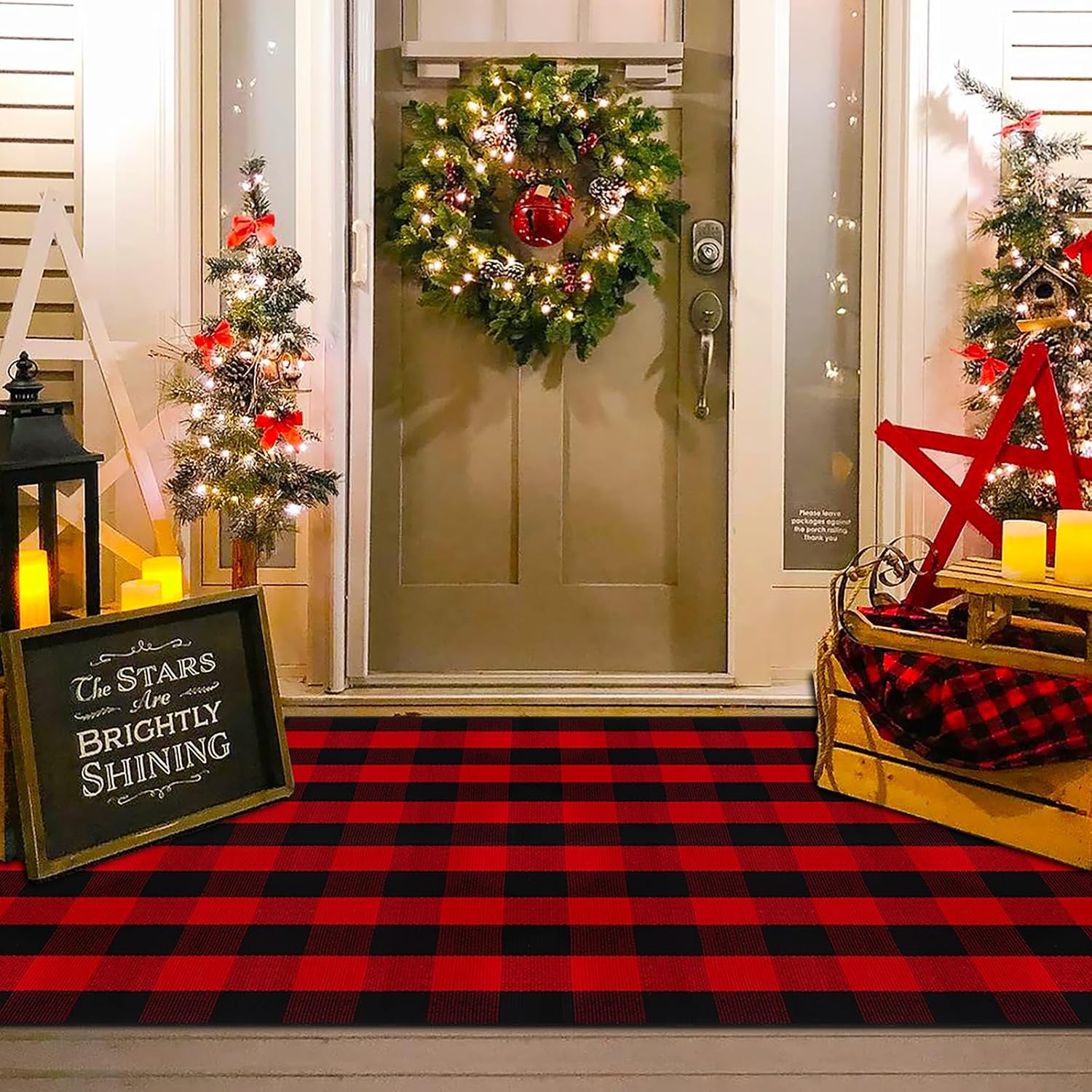 Orange and White Plaid Rug, 3' X 5' Fall Front Door Decor Mat, Cotton Washable Hand-Woven Door Mat for Layered Doormat, Autumn Halloween Thanksgiving Carpet for Porch, Entryway