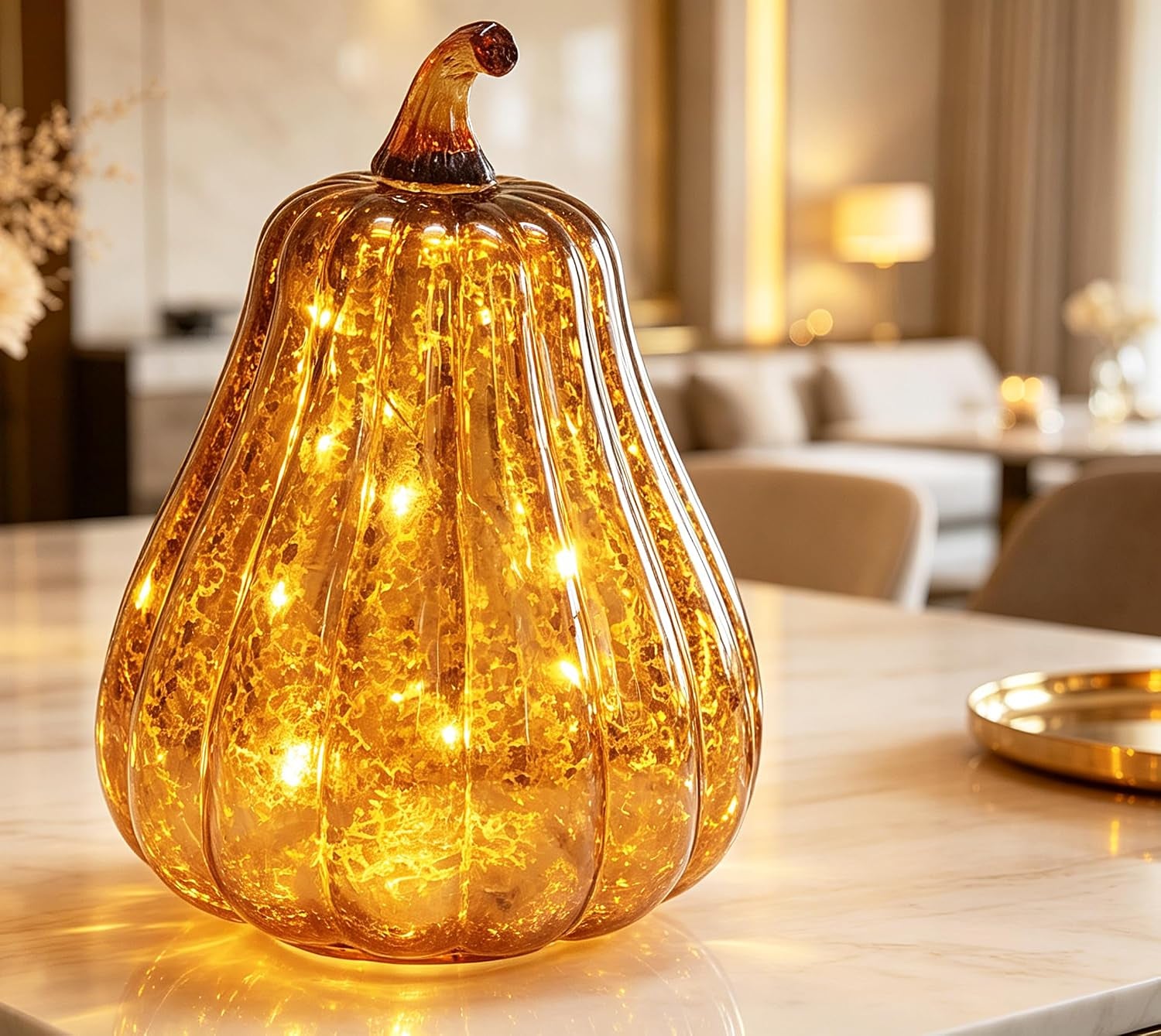 Fall Decorations for Home,Mercury Glass Pumpkin Lights with Timer, Battery Operated Led Pumpkin Lights,Light up Glass Pumpkin, Ideal for Halloween Fall Decor, Thanksgiving Decorh:8.5" (Coffee)
