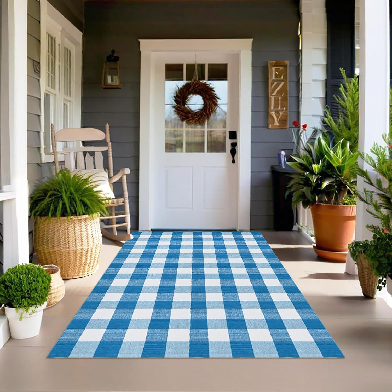 Orange and White Plaid Rug, 3' X 5' Fall Front Door Decor Mat, Cotton Washable Hand-Woven Door Mat for Layered Doormat, Autumn Halloween Thanksgiving Carpet for Porch, Entryway