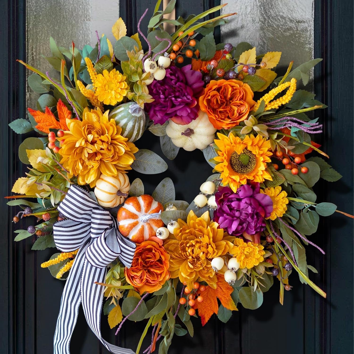 24 Inch Artificial Fall Wreaths for Front Door outside with Striped Bow | Harvest Autumn Wreath with Dahlias,Peony,Sunflowers,Pumpkins- Rustic Farmhouse Thanksgiving & Halloween Seasona Porch Decor