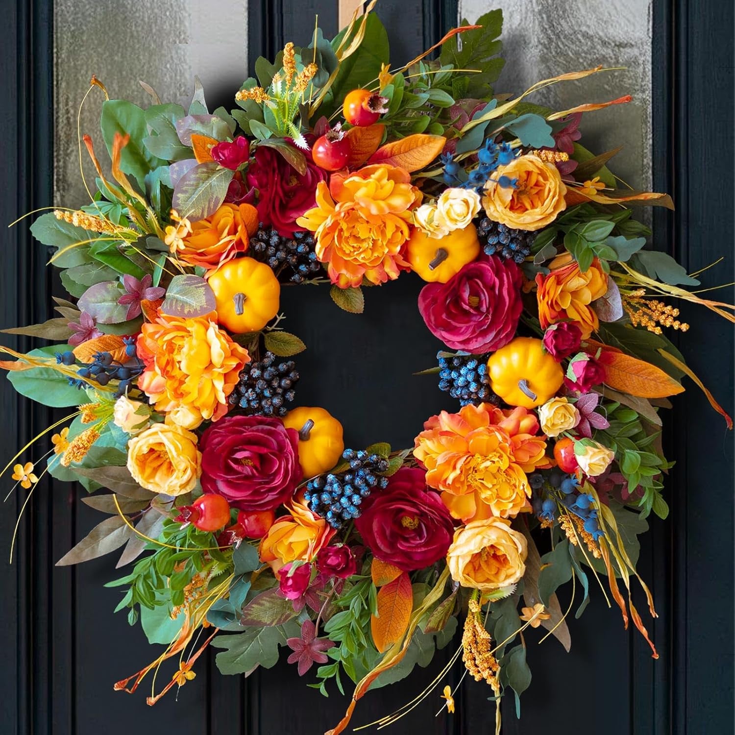 24 Inch Artificial Fall Wreaths for Front Door outside with Striped Bow | Harvest Autumn Wreath with Dahlias,Peony,Sunflowers,Pumpkins- Rustic Farmhouse Thanksgiving & Halloween Seasona Porch Decor