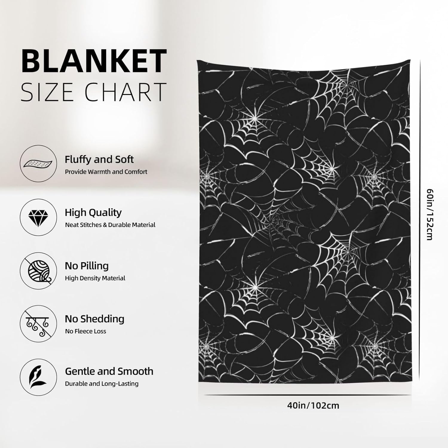 Gothic Spider Web Blanket Black Halloween Flannel Throw for Couch and Bed | Soft Flannel Blanket for Couch Bed and Haunted Mansion Use