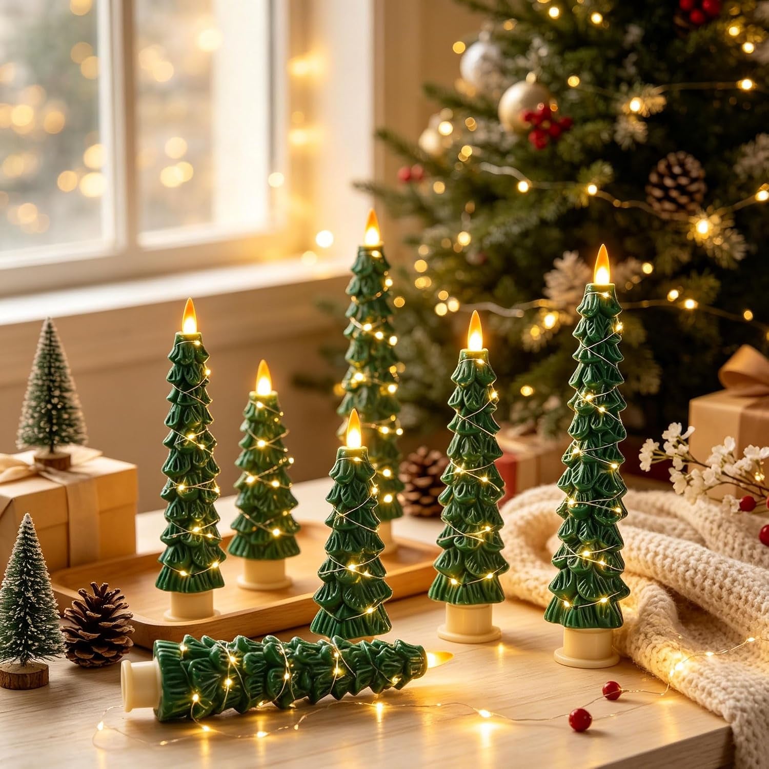 Christmas Tree Candles Surrounded by Fairy Lights, LED Flameless Candle Lights with Remote Control Timing Function. Green