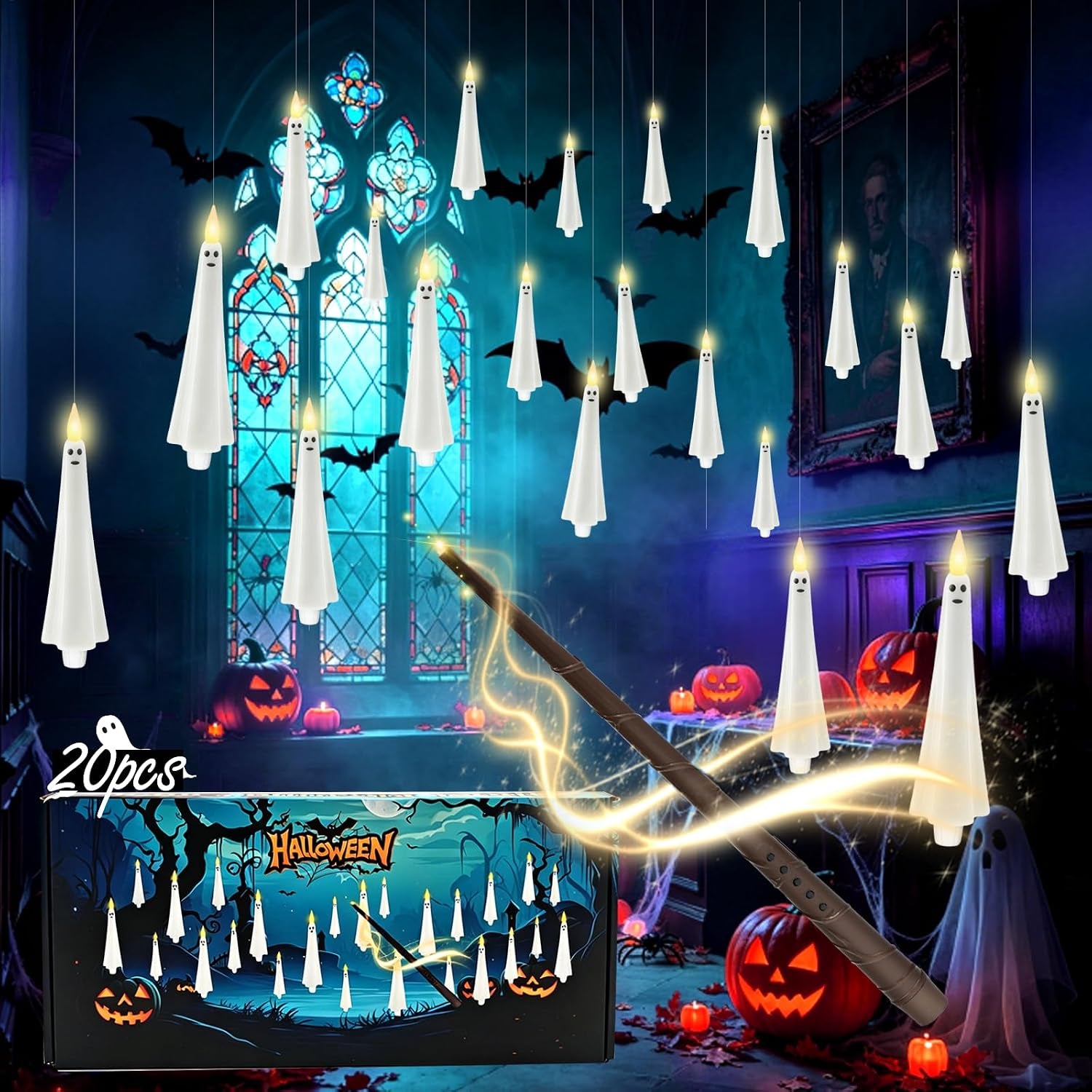 Ghost Flameless Floating Candles with Wand Remote, 12 Pcs Magic Flickering Battery Operated LED Hanging Taper Candles for Halloween Party Decoration(White)
