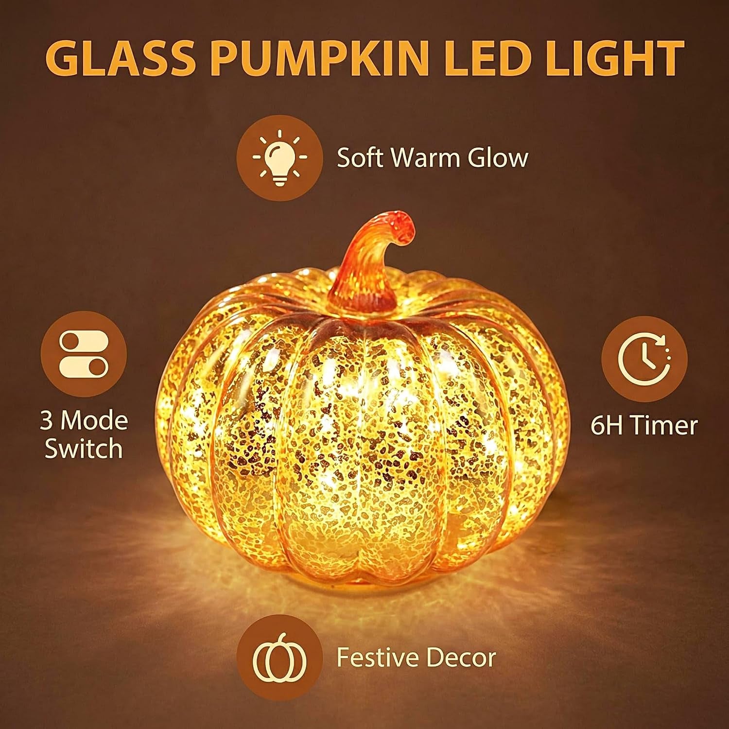 Mercury Glass Light up Pumpkin Light with Timer, with 10 Led Lights Inside,Battery Operated Led Pumpkin Light,Ideal for Halloween Fall Decoration, Thanksgiving Rustic Decor(Gold)