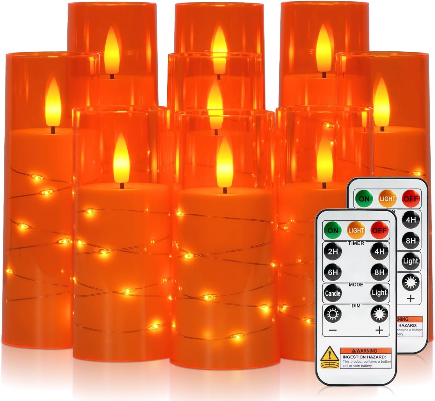 Flameless Candle with Remote Timer – 9 Flickering Acrylic Battery Operated LED Pillar Candles with Embedded Star String for Halloween, Home Decor, and as a Gift (Orange)