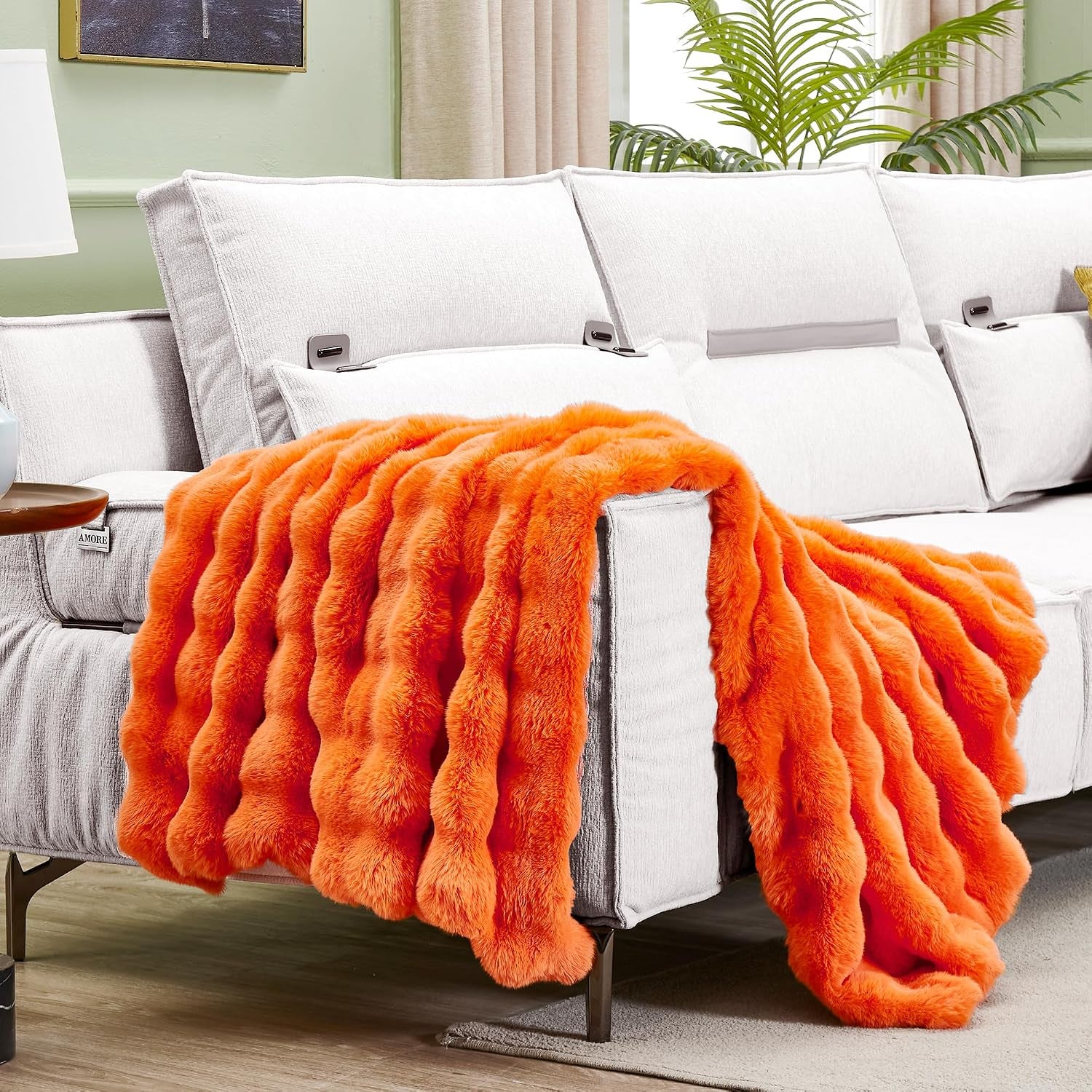 Solid Fall Bubble Faux Rabbit Fur Throw Blanket for Couch 50" X 60", Decorative Comfy Puffy Warm Fuzzy Blanket for Winter, Extra Thick Shaggy Cozy Comfy Fluffy Blankets for Adult Kids, Orange