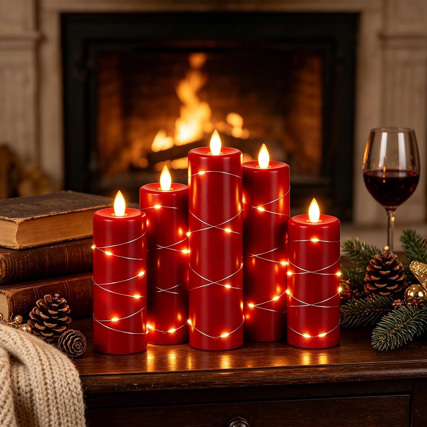 5 Pack Red Real Wax Flameless Taper Candles, Lifelike Flickering LED Candles with Copper String Lights, Battery Operated Candles with Remote for Holiday Wedding Home Decor