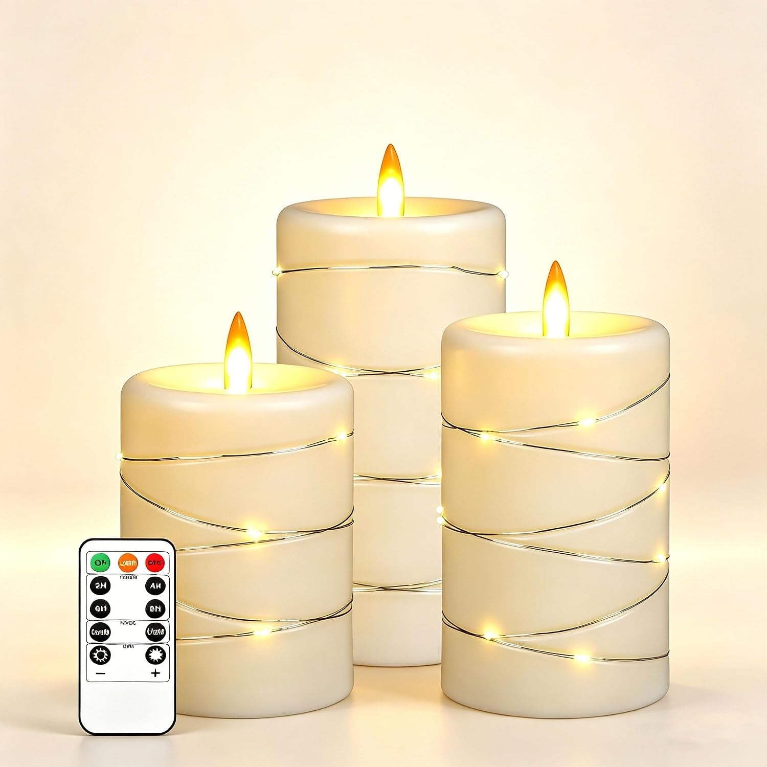 5 Pack Red Real Wax Flameless Taper Candles, Lifelike Flickering LED Candles with Copper String Lights, Battery Operated Candles with Remote for Holiday Wedding Home Decor