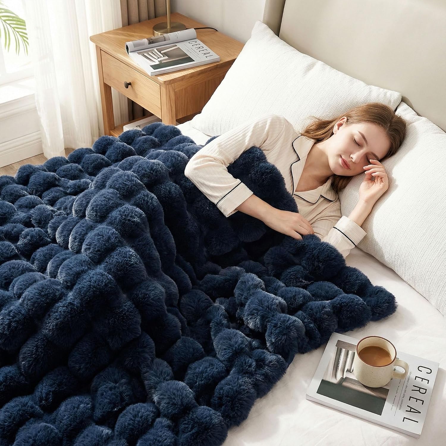 Solid Fall Bubble Faux Rabbit Fur Throw Blanket for Couch 50" X 60", Decorative Comfy Puffy Warm Fuzzy Blanket for Winter, Extra Thick Shaggy Cozy Comfy Fluffy Blankets for Adult Kids, Orange