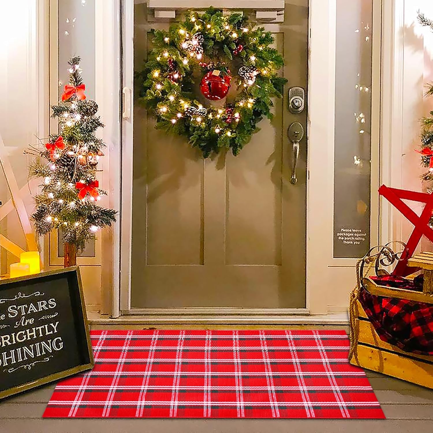 Orange and White Plaid Rug, 3' X 5' Fall Front Door Decor Mat, Cotton Washable Hand-Woven Door Mat for Layered Doormat, Autumn Halloween Thanksgiving Carpet for Porch, Entryway