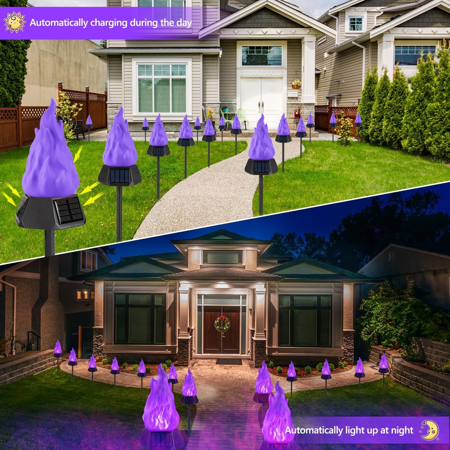 Solar Outdoor Torch Lights with Flickering Flame, 4 Pack Solar Pathway Decorative Lights, Waterproof LED Flame Torches for Outdoor Camping Garden Landscape Patio Path Yard Decorations - Purple