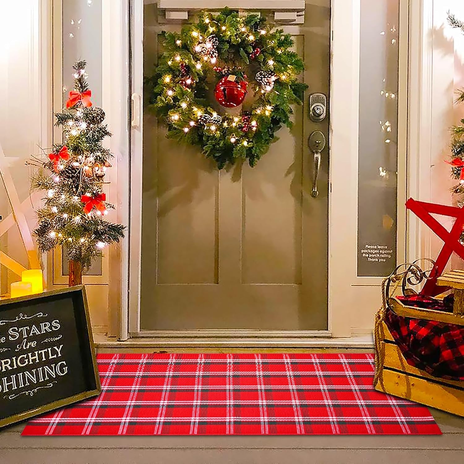 Orange and White Plaid Rug, 3' X 5' Fall Front Door Decor Mat, Cotton Washable Hand-Woven Door Mat for Layered Doormat, Autumn Halloween Thanksgiving Carpet for Porch, Entryway