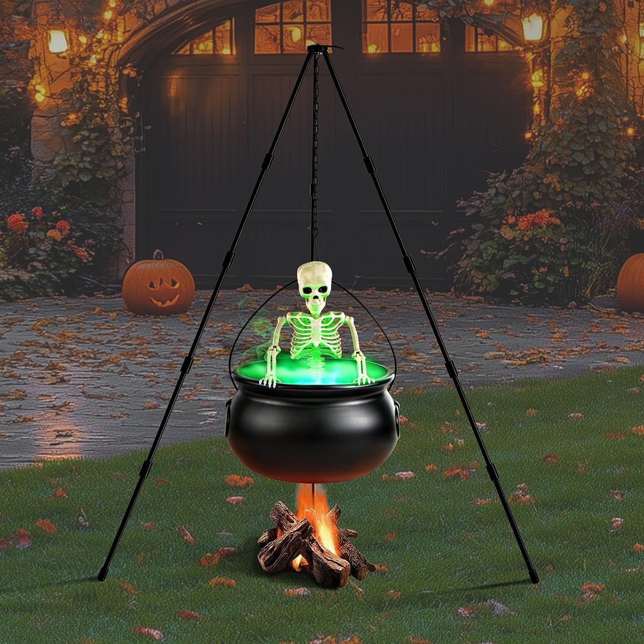 Halloween Decorations Outdoor Witch Cauldron Tripod with Fog Maker & Skull | 52-Inch Tall Display, Green Light Mist Effect, Large Cauldron & Skeleton, Stable Setup for Porch Yard Lawn Halloween Scenes