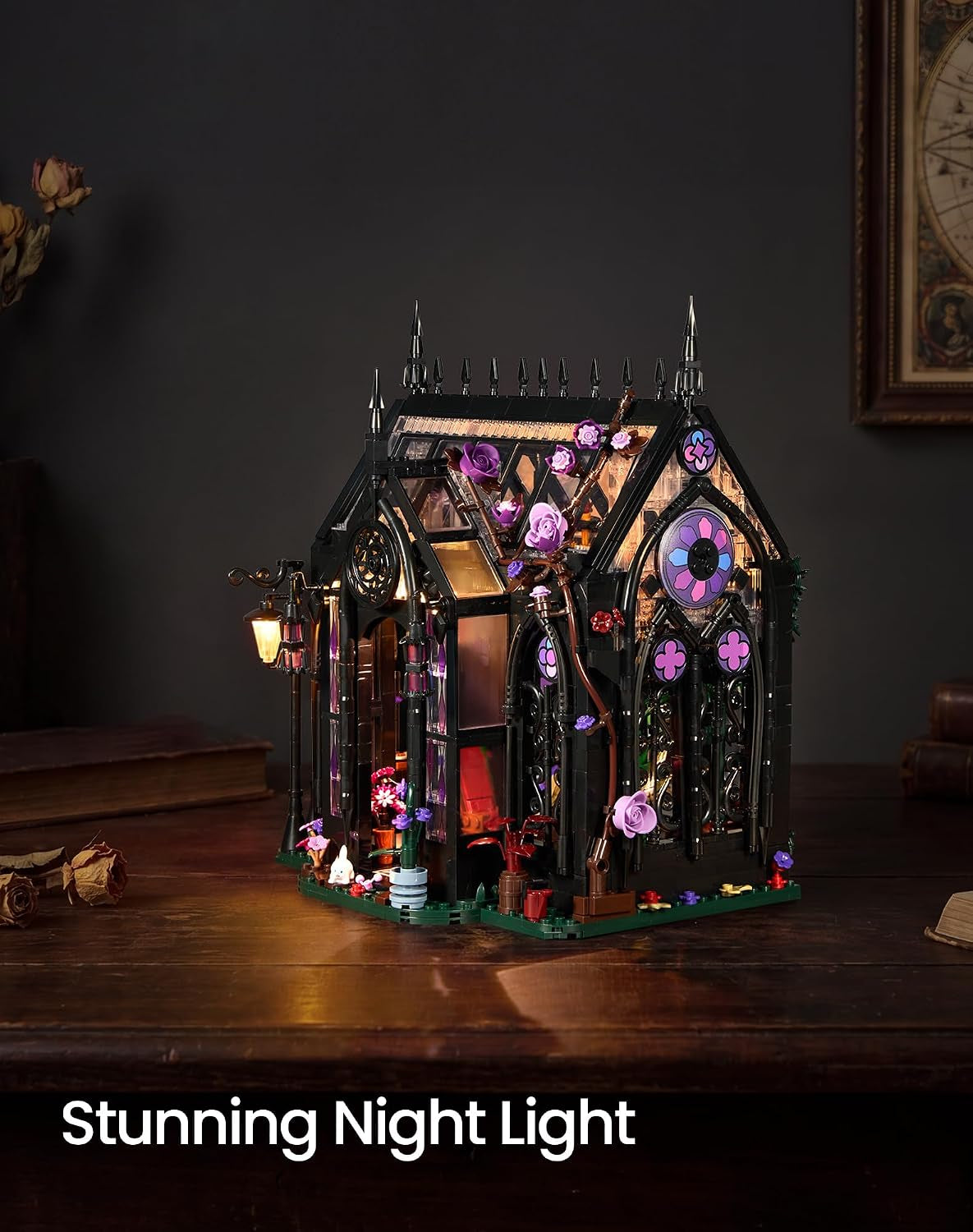 Gothic Greenhouse Building Set with LED Lights, Botanical Garden Brick Kit | 1378Pcs Stained Glass Architecture Building Kits, Rose Vines Flower House Display Decor, Halloween Gothic Gifts for Adults