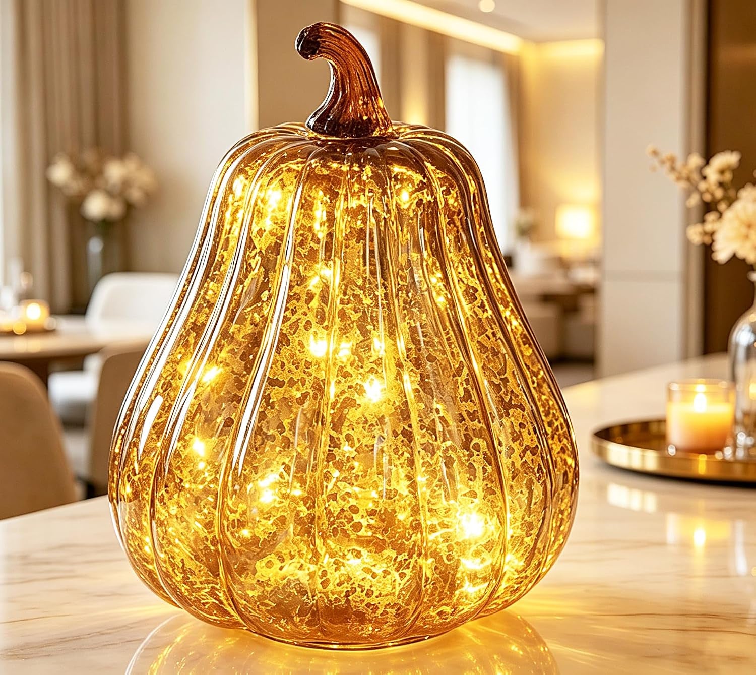 Fall Decorations for Home,Mercury Glass Pumpkin Lights with Timer, Battery Operated Led Pumpkin Lights,Light up Glass Pumpkin, Ideal for Halloween Fall Decor, Thanksgiving Decorh:8.5" (Coffee)