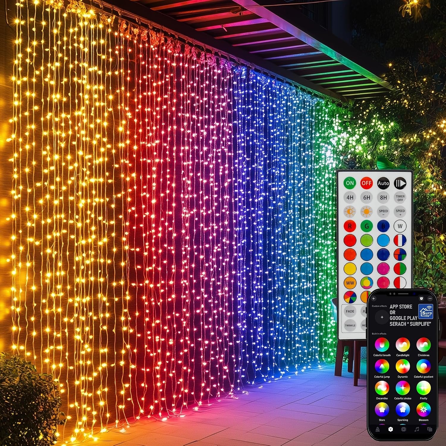 Smart Curtain Lights, 400LED 6.6FT X 6.6FT Color Changing Halloween Christmas Lights with Remote & APP, Dynamic DIY Fairy String Lights for Indoor Outdoor Bedroom Decorations