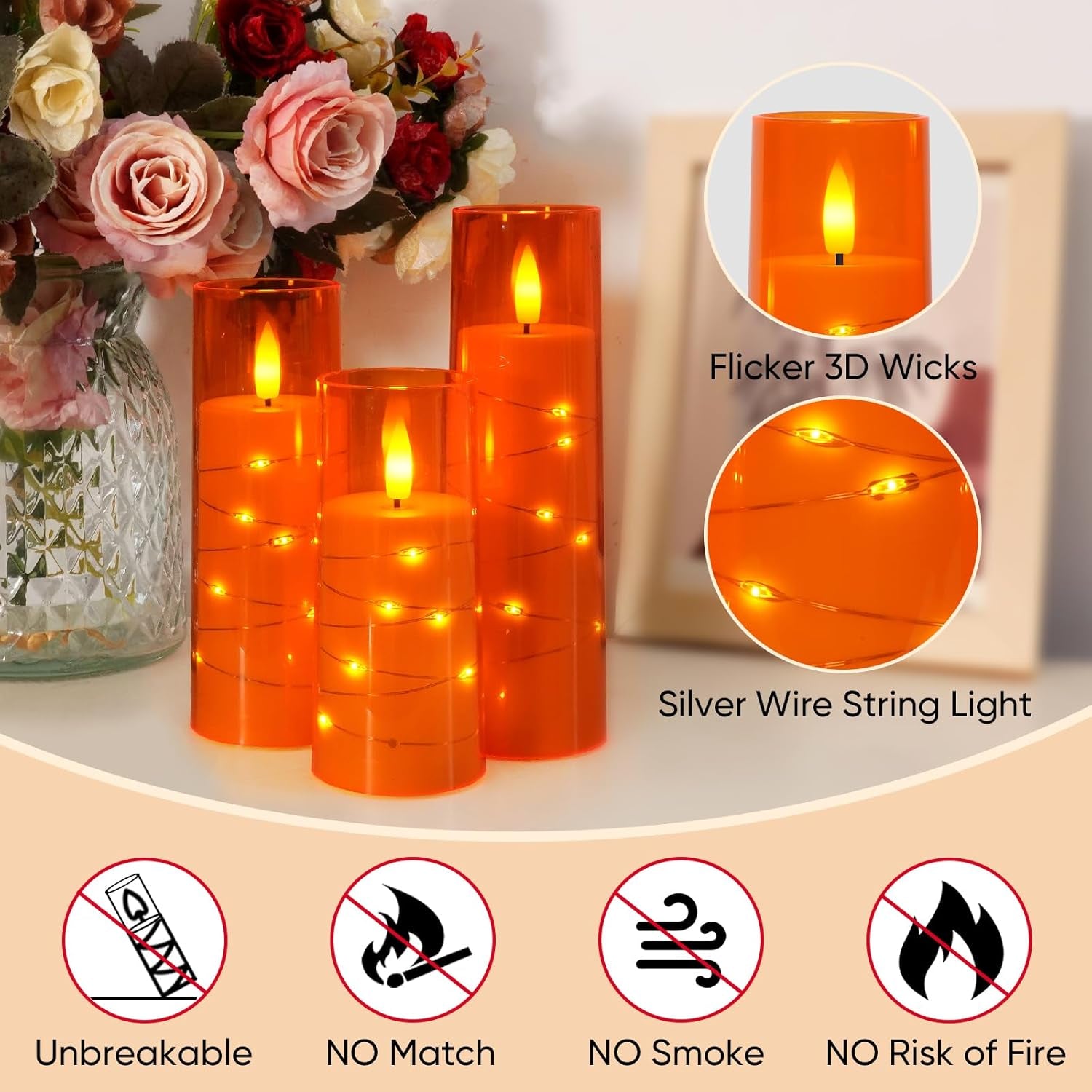 Flameless Candle with Remote Timer – 9 Flickering Acrylic Battery Operated LED Pillar Candles with Embedded Star String for Halloween, Home Decor, and as a Gift (Orange)